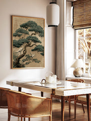 Illustrative print of a large pine tree with white and grey cranes on branches against a textured, in a styled room mockup