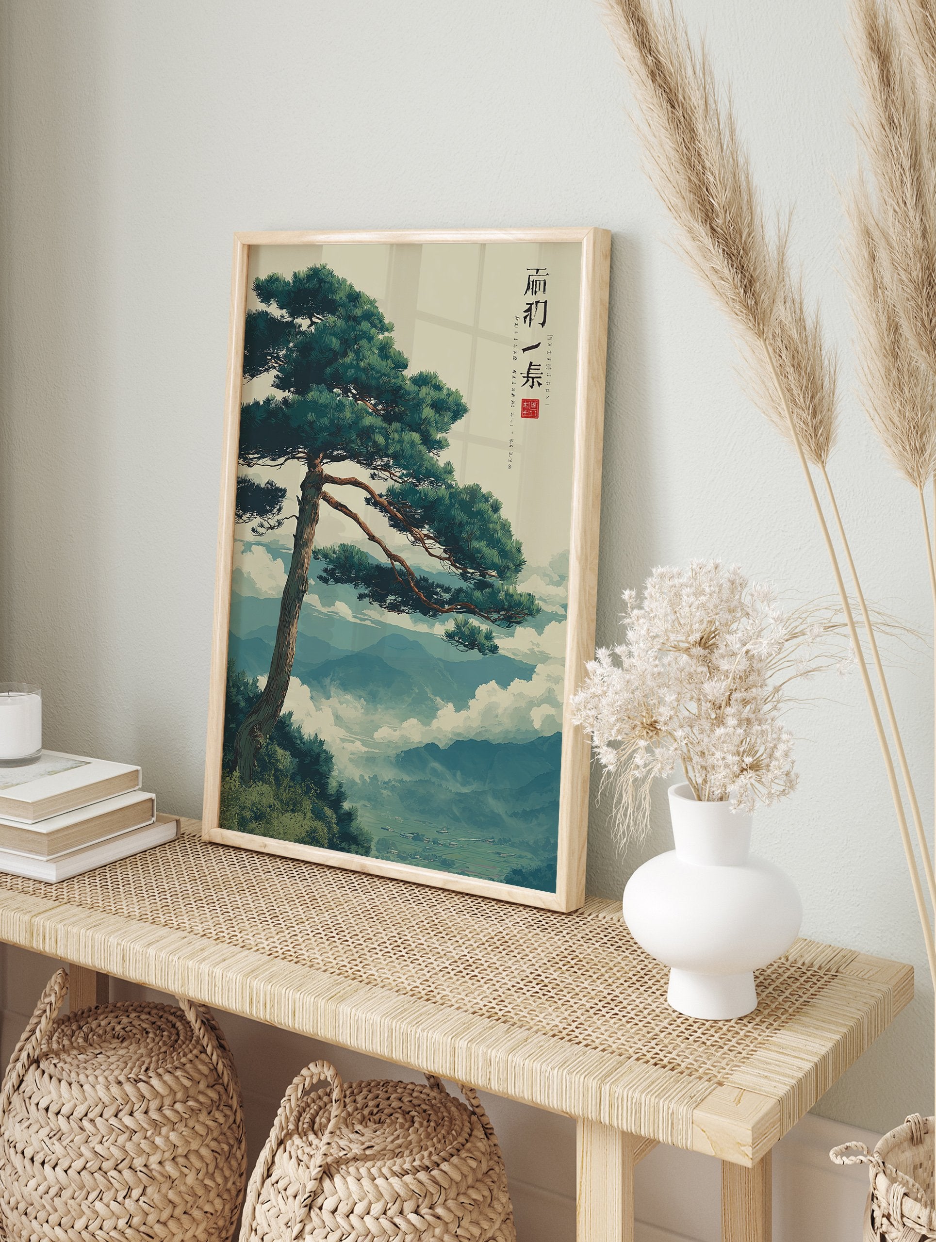 Japanese landscape poster featuring a large pine tree on a cliff overlooking misty blue mountains and a valley with clouds. - Image 4