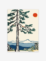 Illustrative pine tree with dark green foliage, red sun, blue mountains, and water in a serene landscape