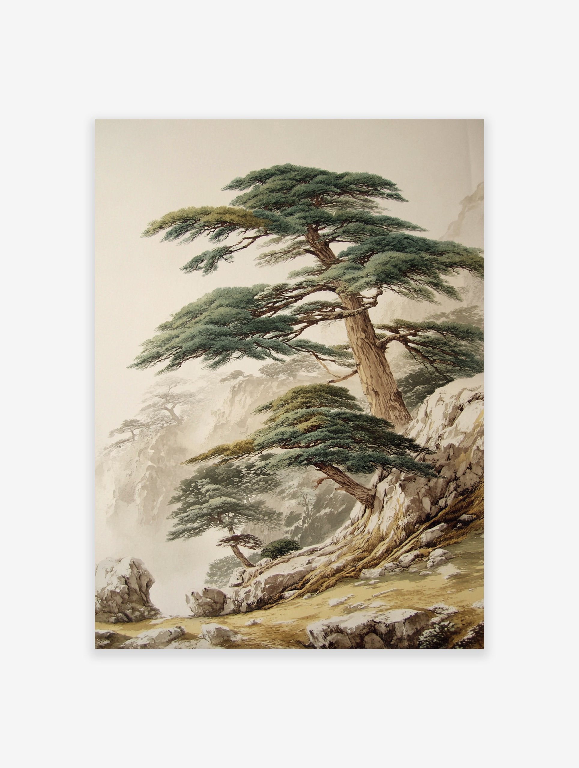 Pine tree mountain landscape poster in traditional Asian art style, showing majestic pines on rocky cliffs with mist.