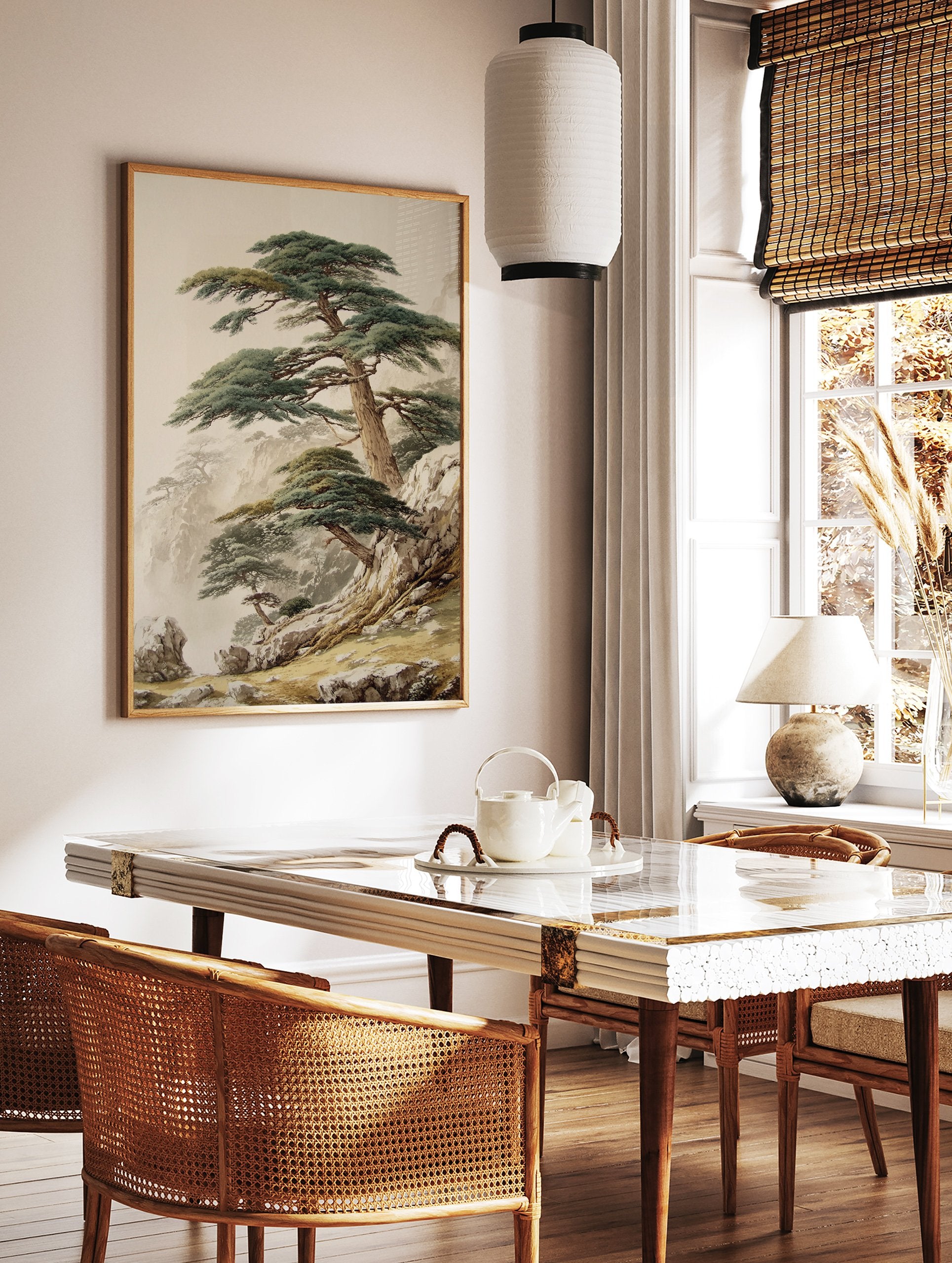 Pine tree mountain landscape poster in traditional Asian art style, showing majestic pines on rocky cliffs with mist. - Image 2