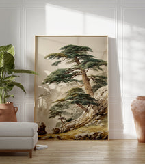 Pine tree mountain landscape poster in traditional Asian art style, showing majestic pines on rocky cliffs with mist. - Image 3