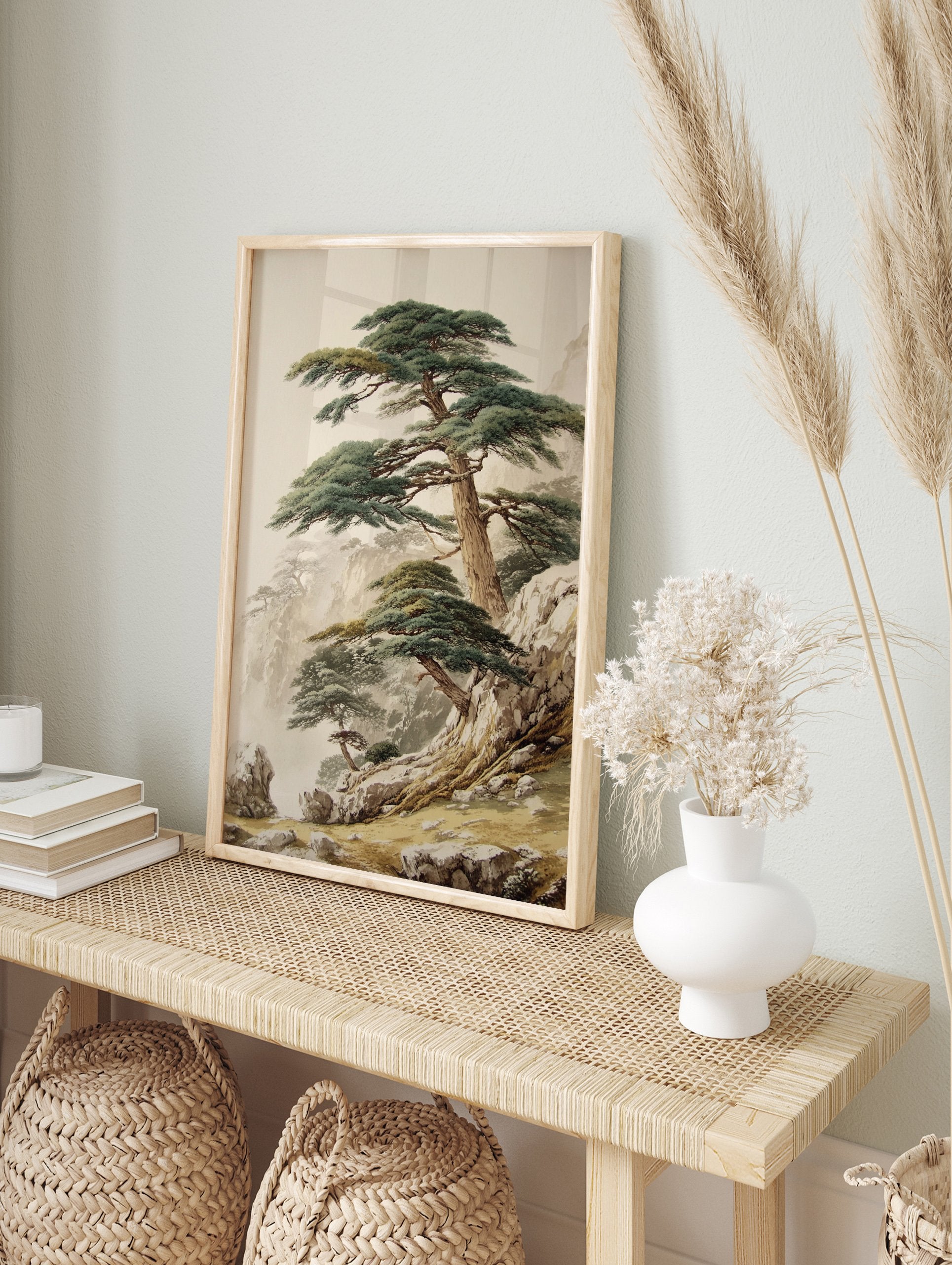 Pine tree mountain landscape poster in traditional Asian art style, showing majestic pines on rocky cliffs with mist. - Image 4