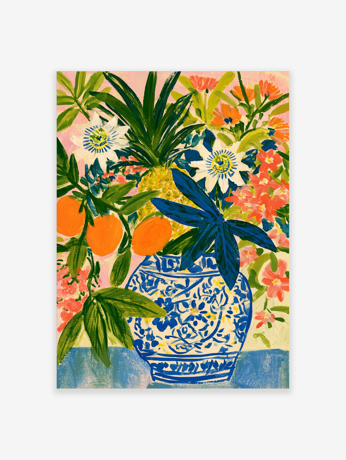 Colourful still life poster with pineapple, oranges, blue vase, and pink flowers