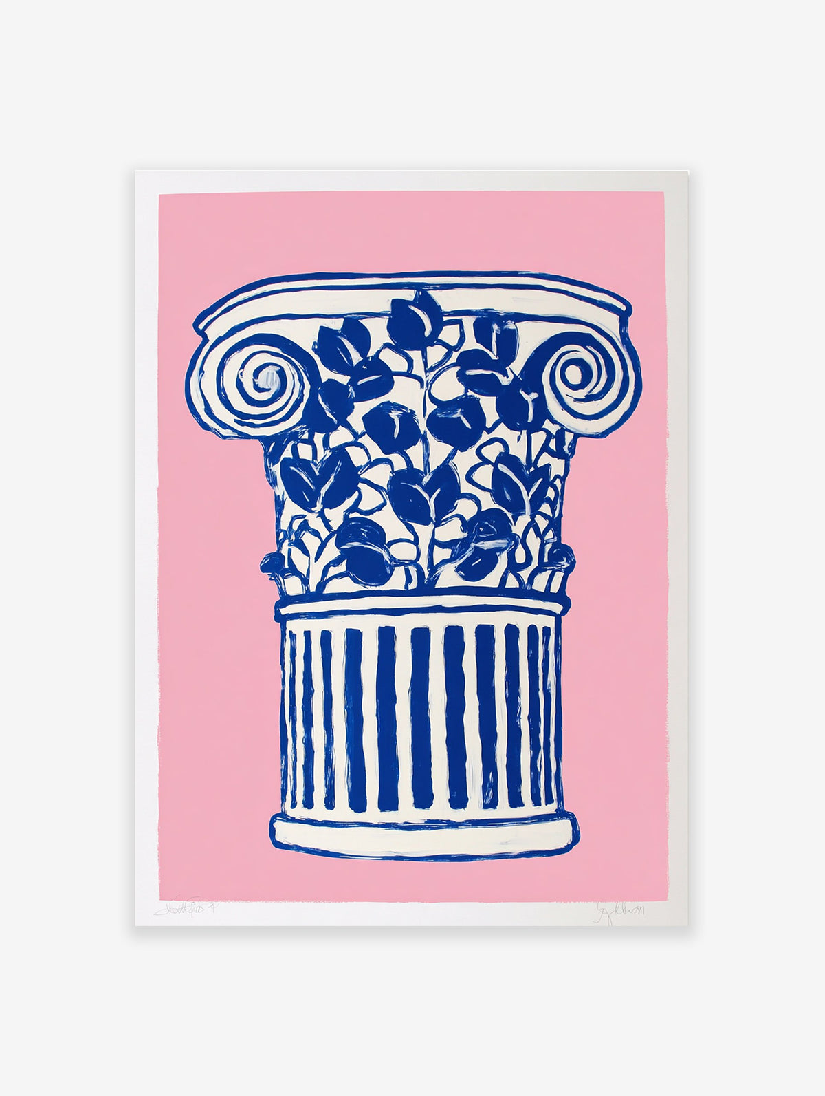Pink and blue classical column poster with botanical leaves illustration on a light pink background.
