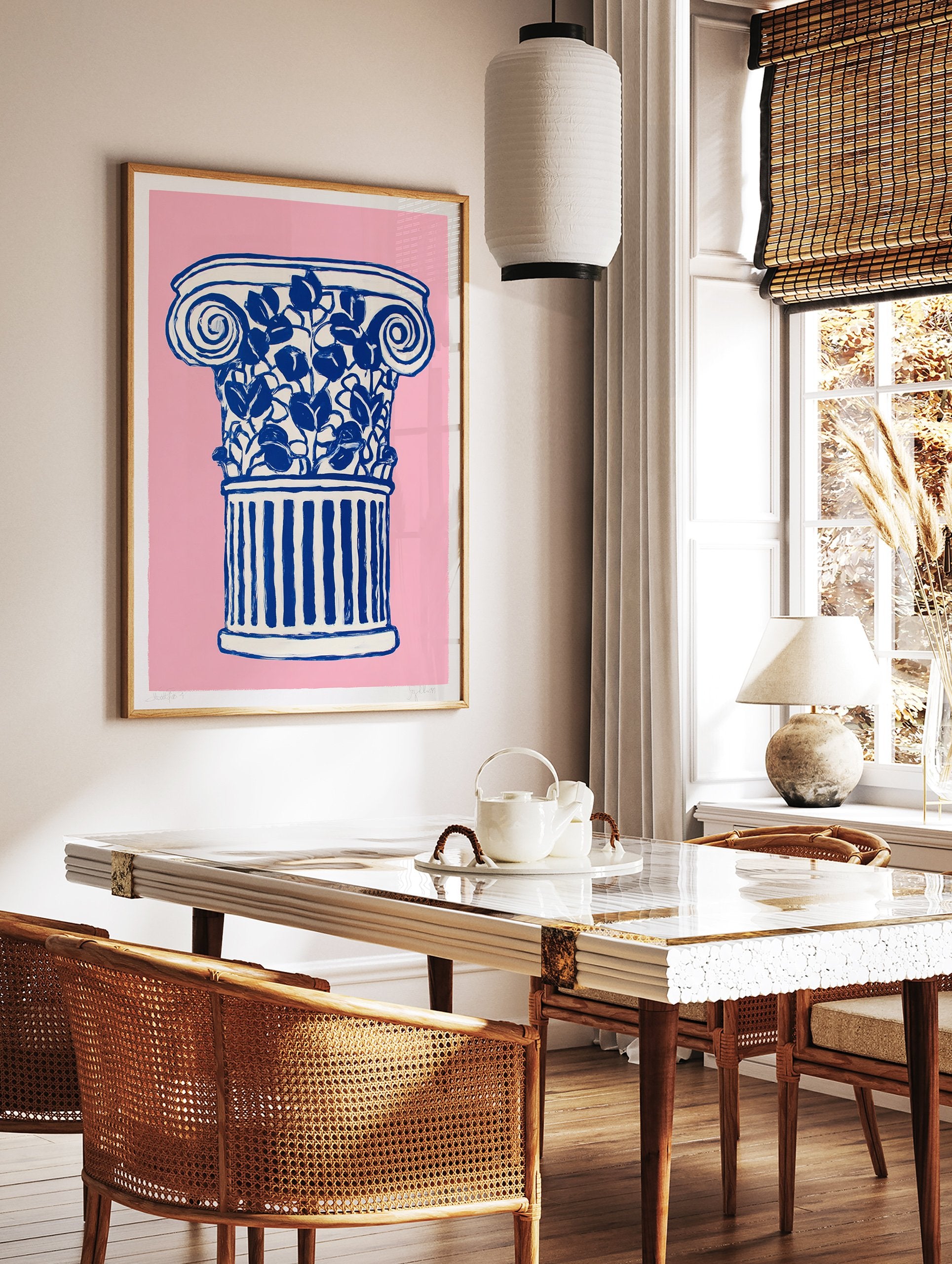 Pink and blue classical column poster with botanical leaves illustration on a light pink background. - Image 2