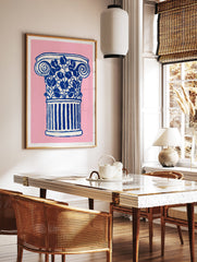 Pink and blue classical column poster with botanical leaves illustration on a light pink background. - Image 2