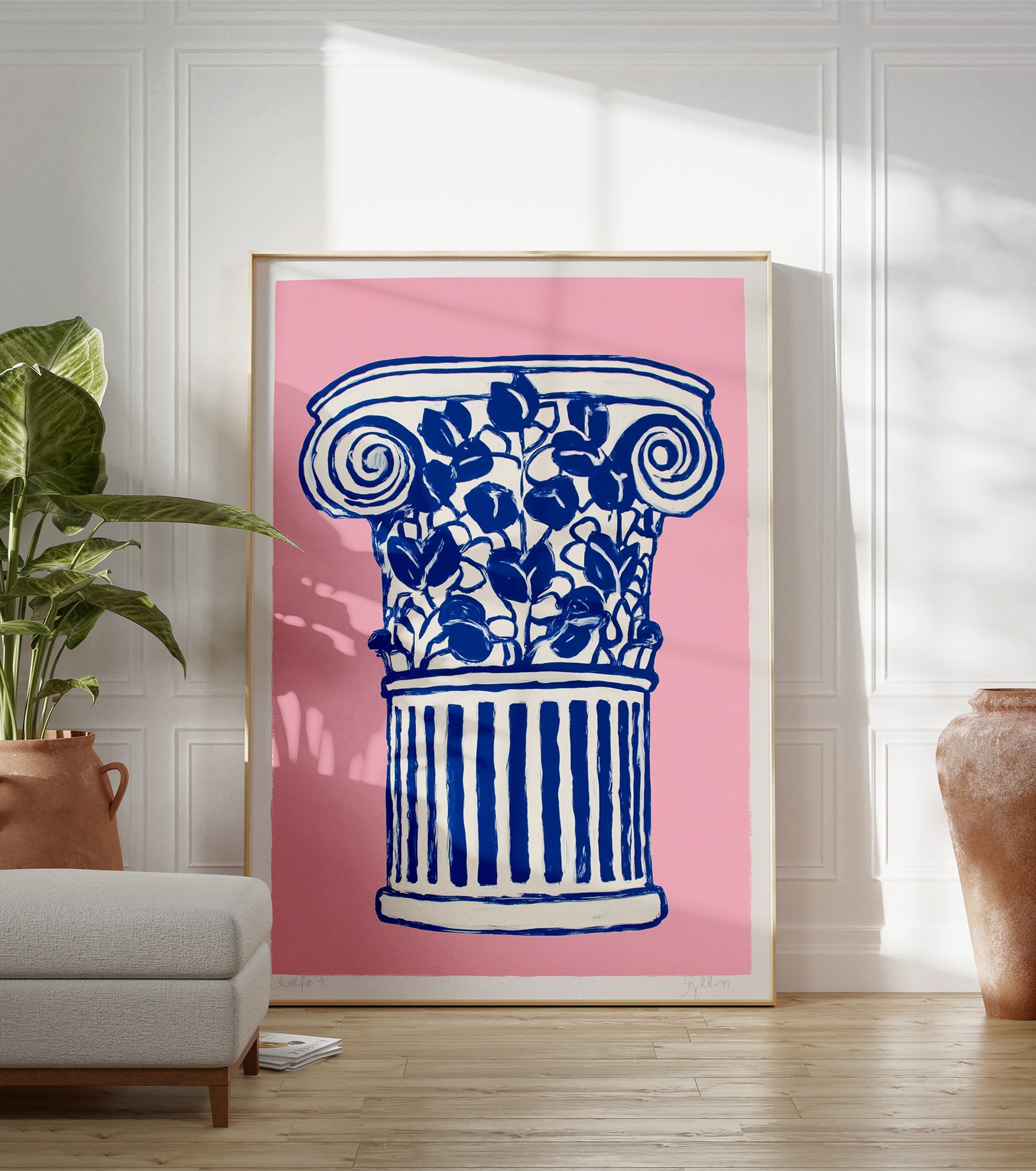 Pink and blue classical column poster with botanical leaves illustration on a light pink background. - Image 3