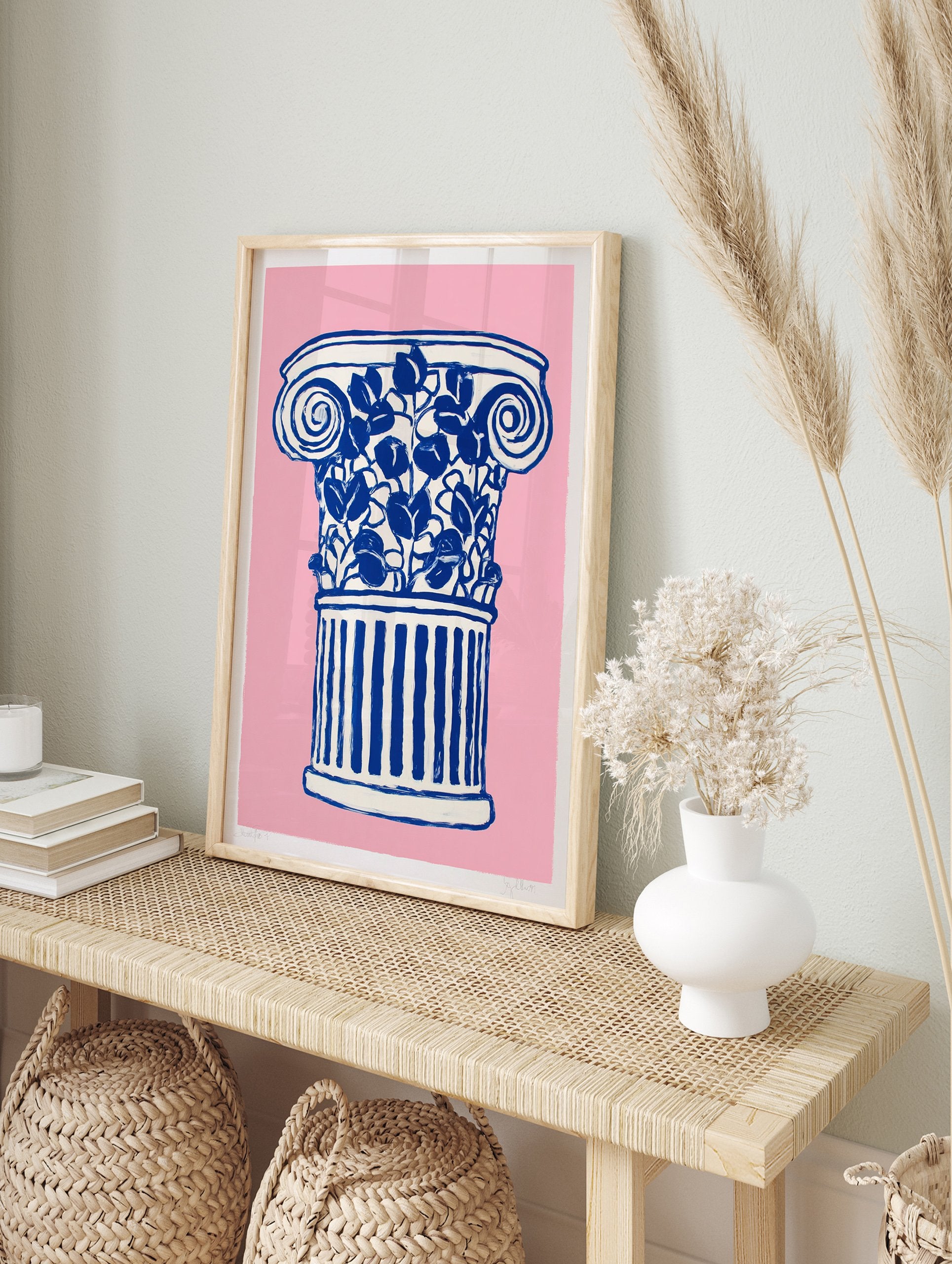 Pink and blue classical column poster with botanical leaves illustration on a light pink background. - Image 4