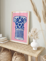 Pink and blue classical column poster with botanical leaves illustration on a light pink background. - Image 4