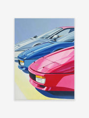 Vibrant sports car poster featuring three classic cars in pink, blue, and white, with a light blue sky background.