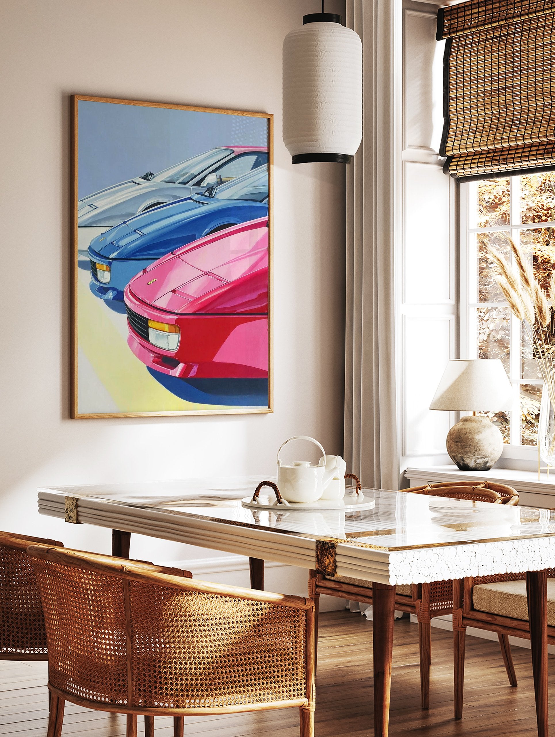 Vibrant sports car poster featuring three classic cars in pink, blue, and white, with a light blue sky background. - Image 2