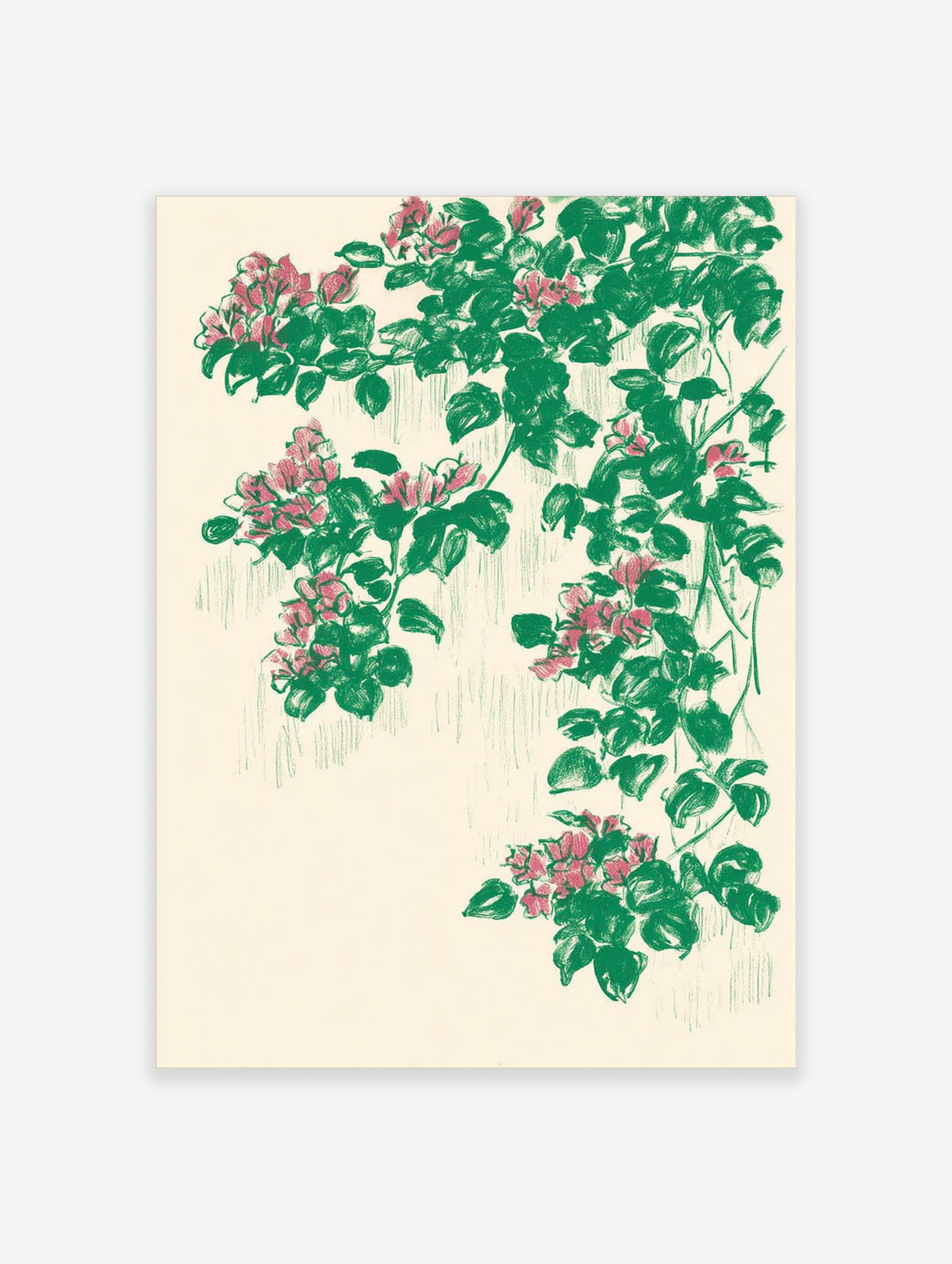 Illustrative botanical print with cascading pink flowers and green leaves on a cream background