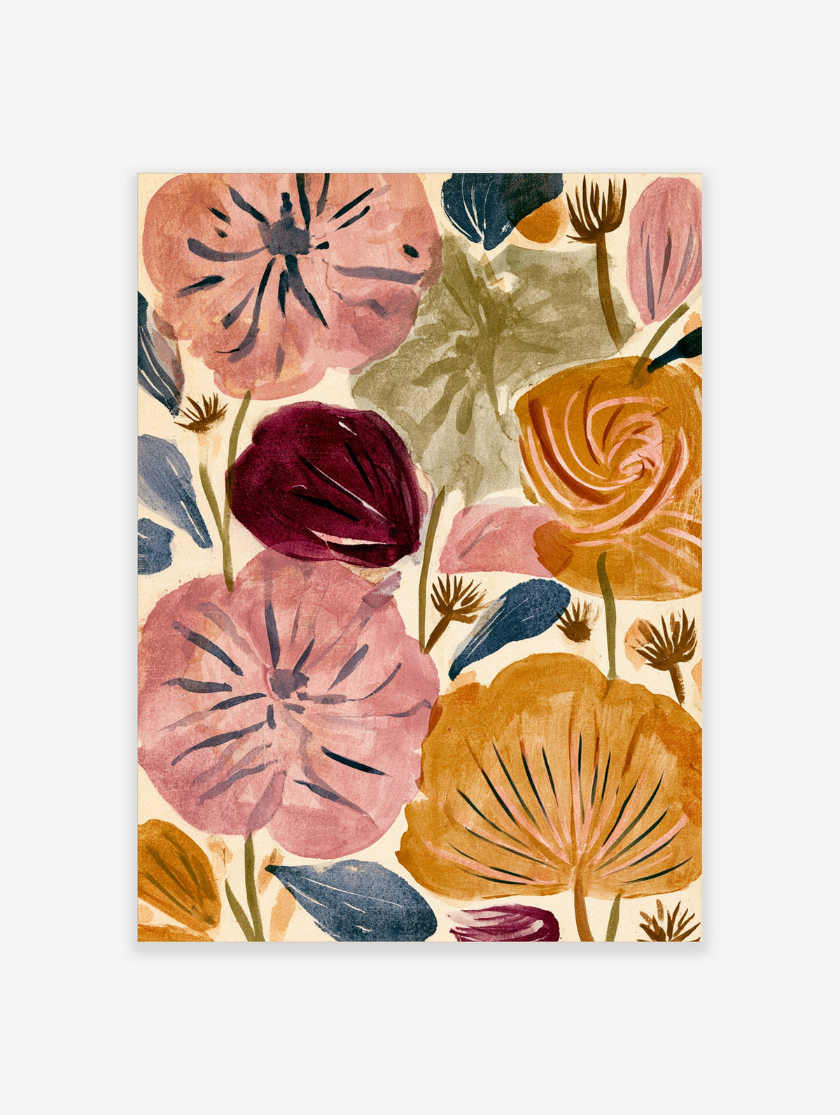 Watercolour floral art print with pink and orange blooms, dark leaves, and seed heads on cream