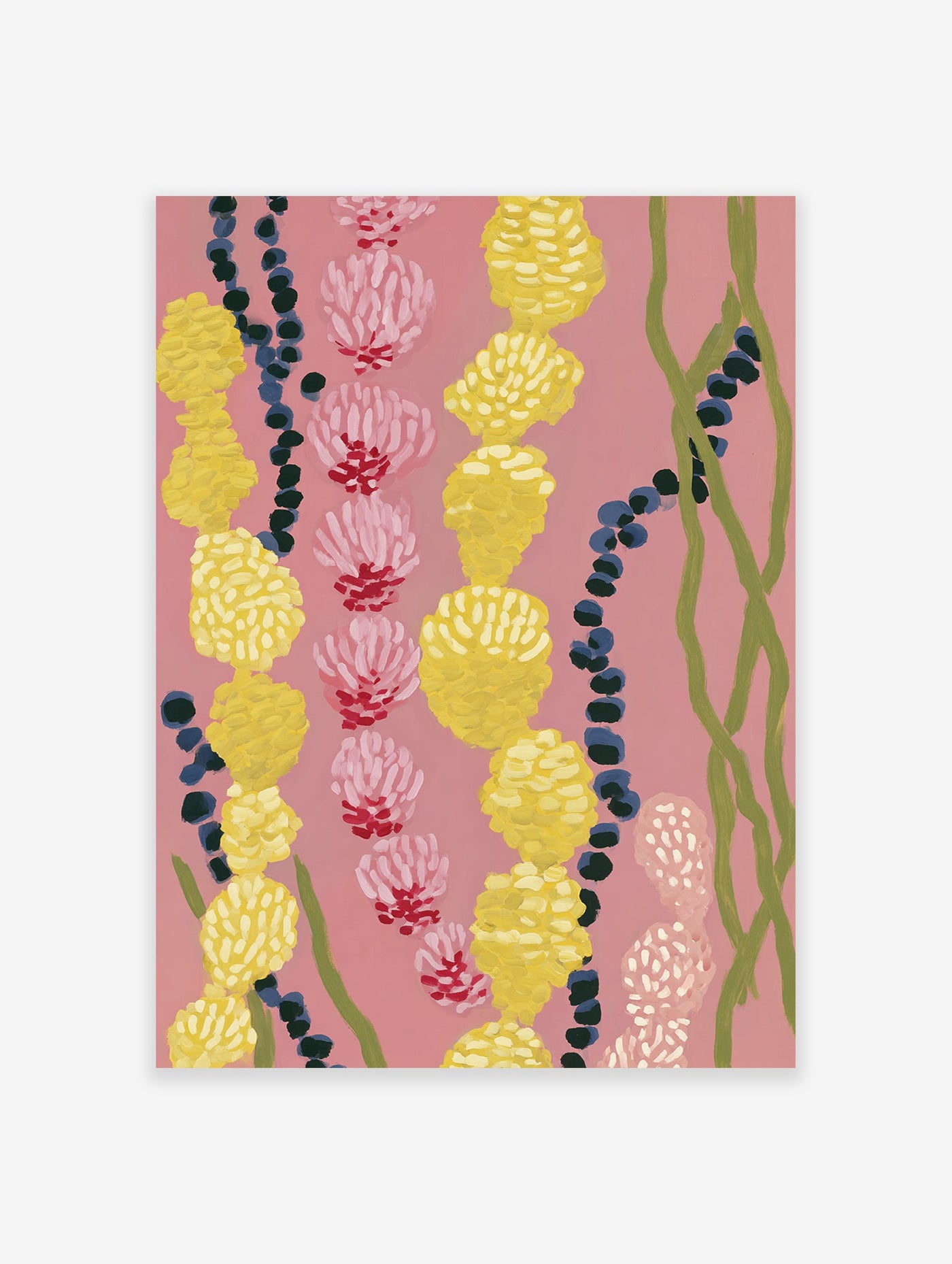 Abstract botanical wall art with pink and yellow clustered flowers, dark blue berries, and green vines on a pink background.