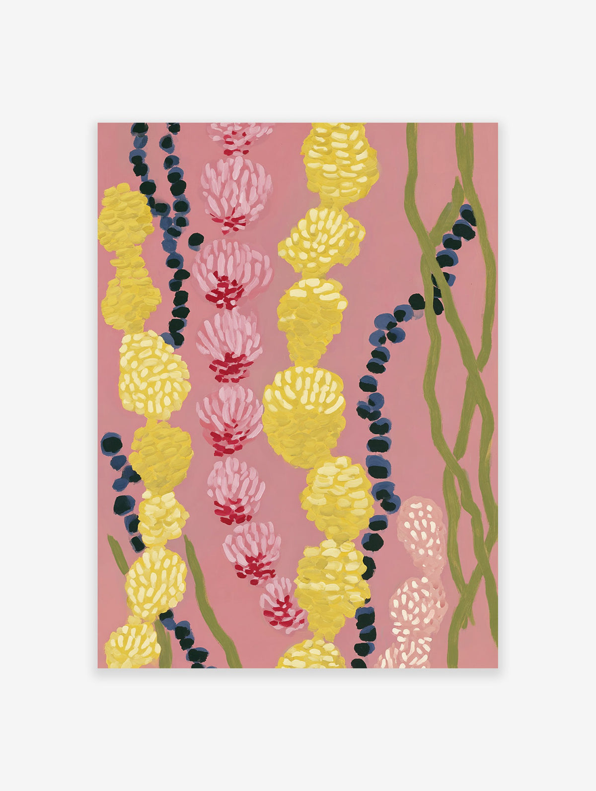 Abstract botanical wall art with pink and yellow clustered flowers, dark blue berries, and green vines on a pink background.