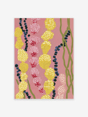 Abstract botanical wall art with pink and yellow clustered flowers, dark blue berries, and green vines on a pink background.