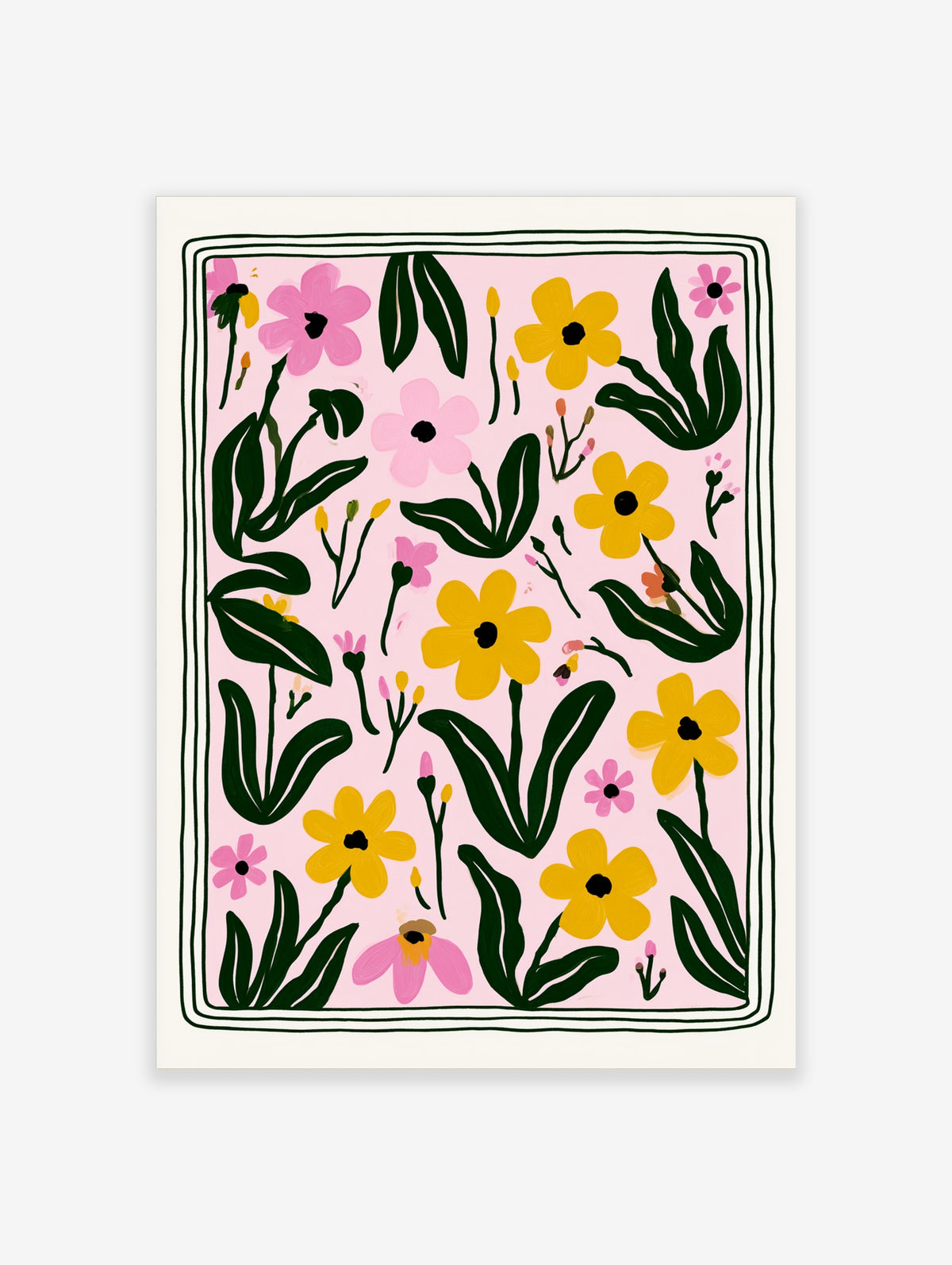 Pink and yellow floral art print with hand-painted style flowers and green leaves on pink background
