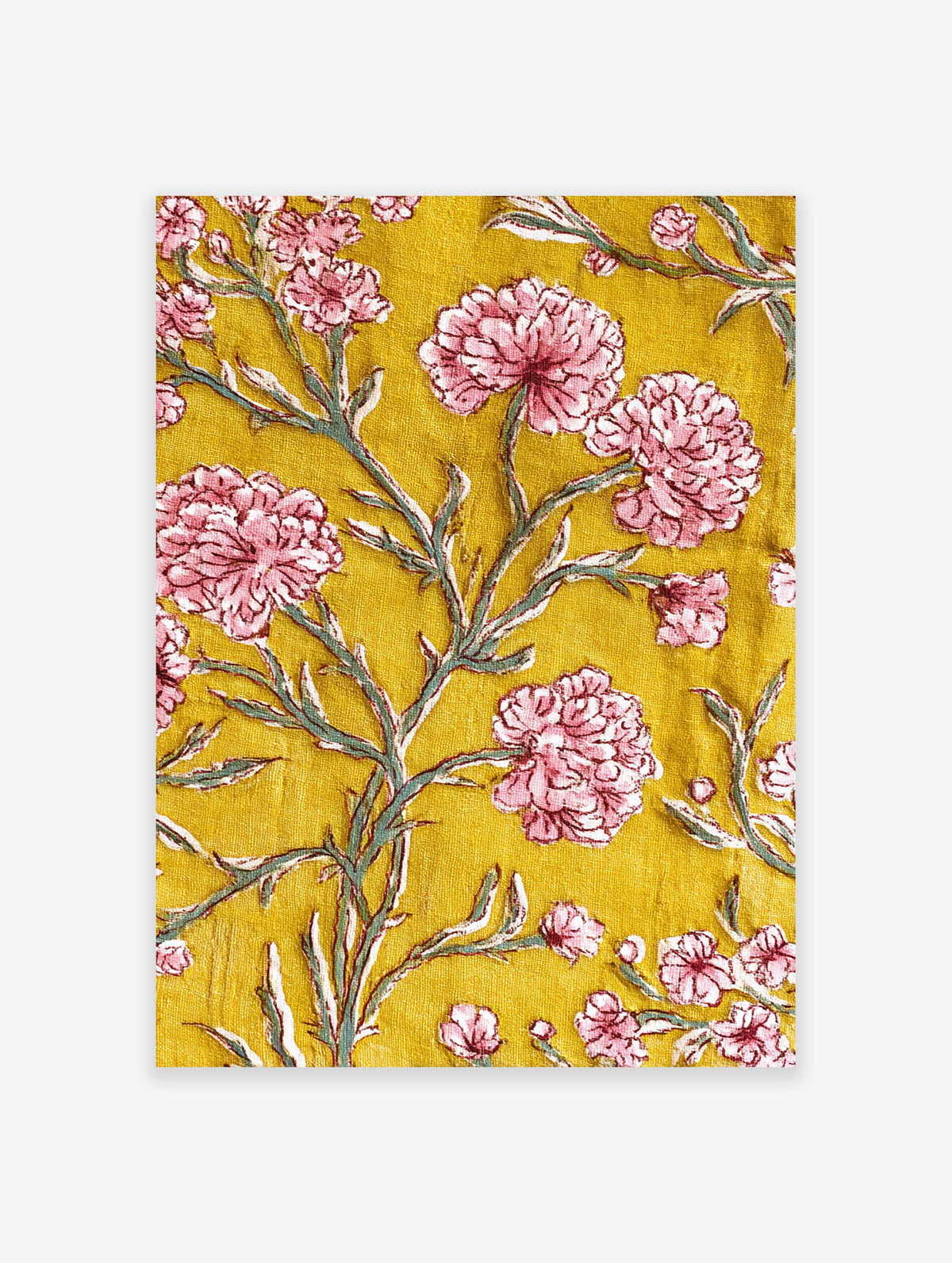 Pink and yellow floral wall art with Indian botanical print design on a rich yellow background with green stems.