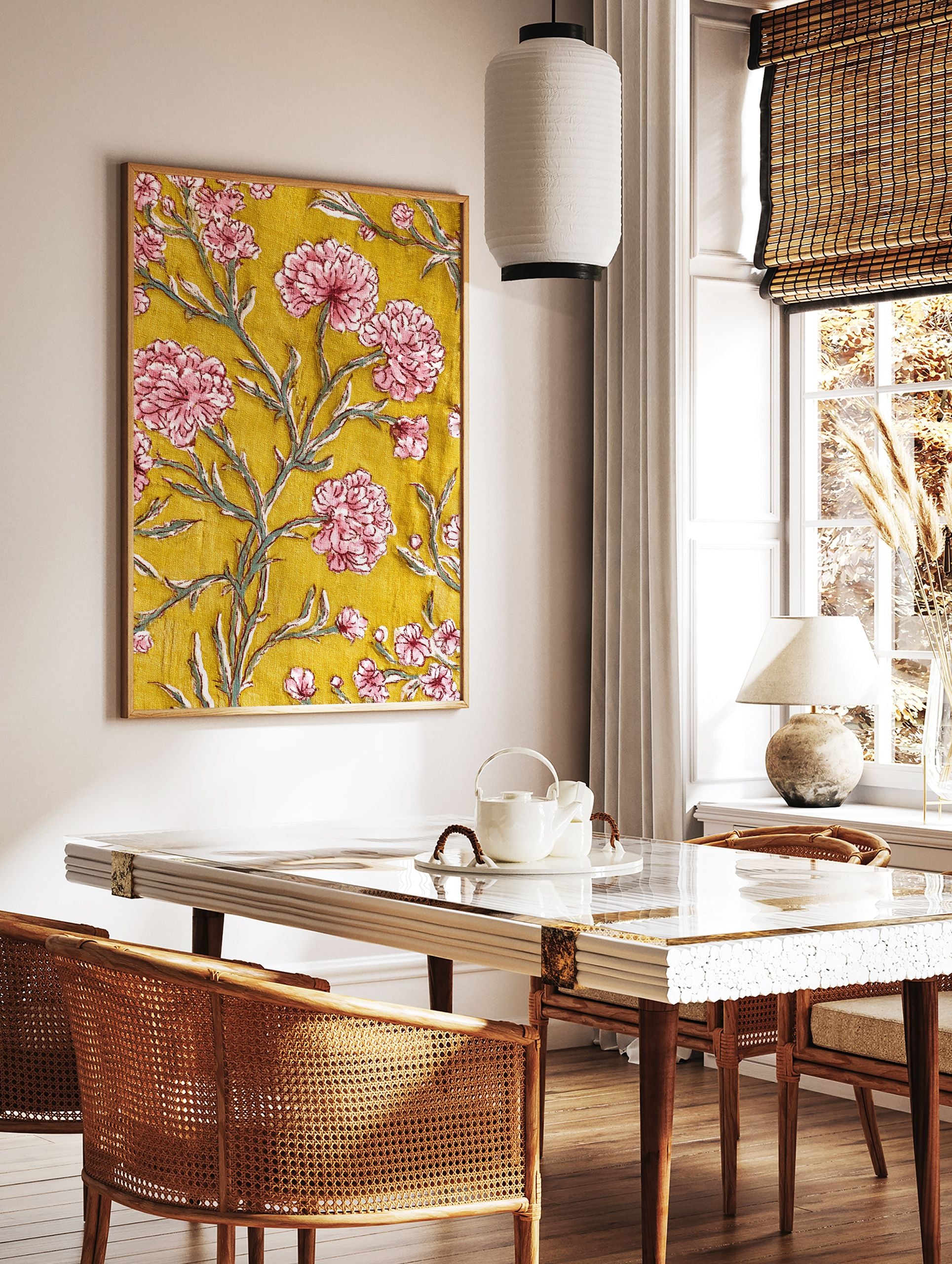 Pink and yellow floral wall art with Indian botanical print design on a rich yellow background with green stems. - Image 2