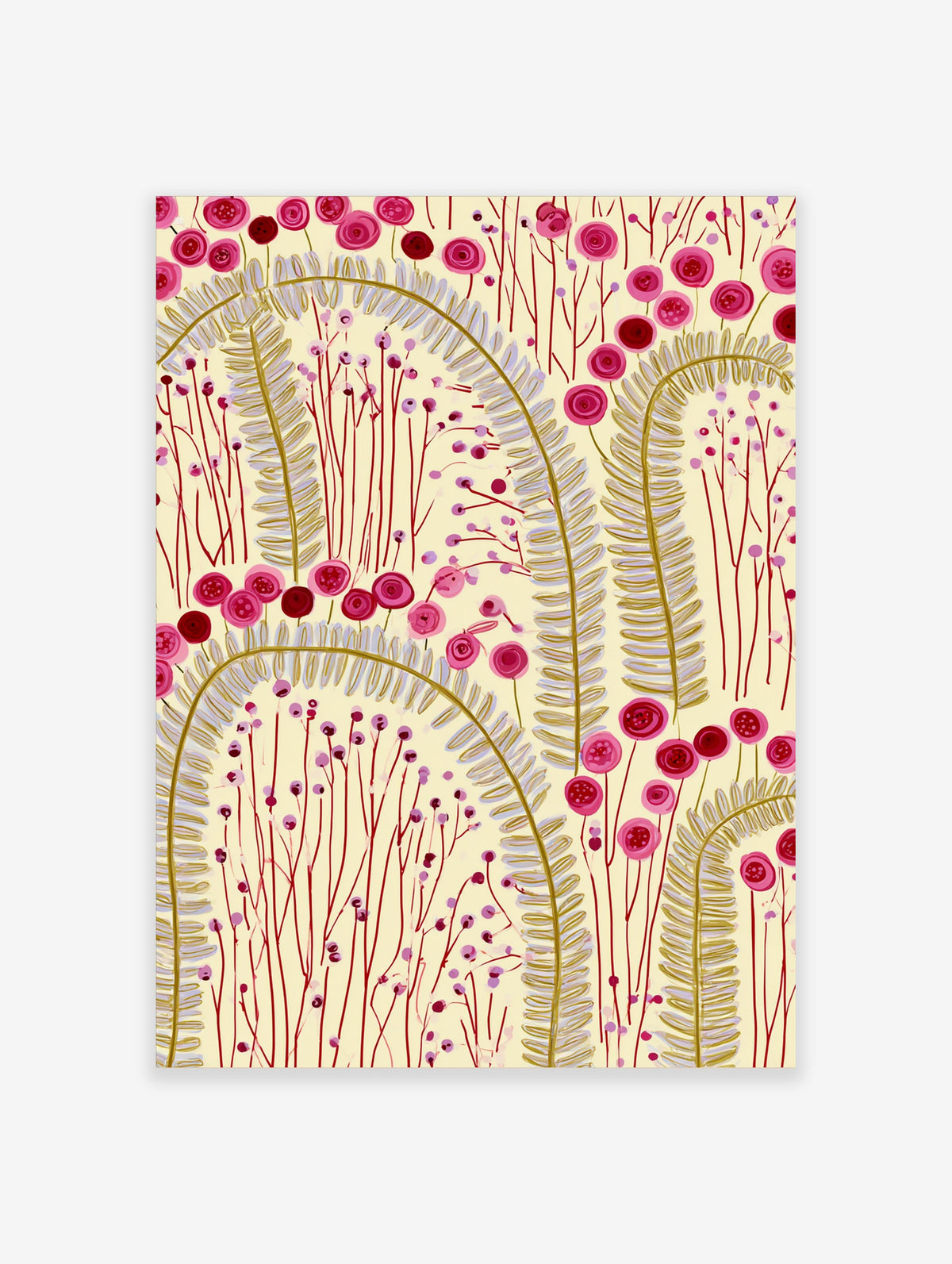 Pink abstract botanical art print with stylised fern fronds and round flowers on cream background