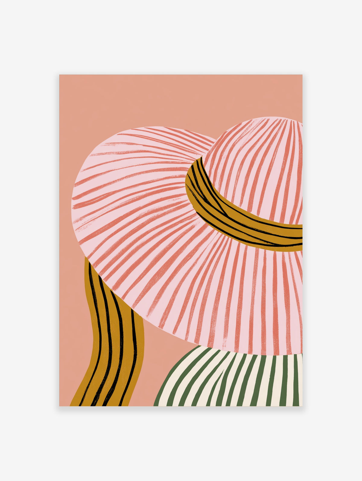 Pink abstract hat art print with coral lines, mustard band and green stripes