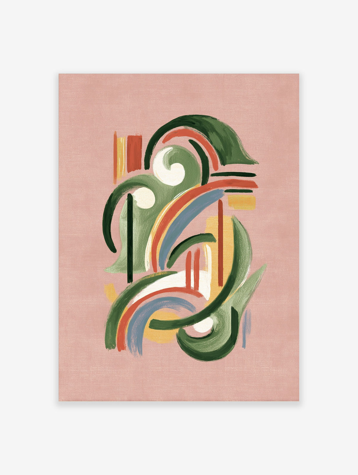 Pink abstract art print with green, red, and blue brushstrokes, white circles, and yellow blocks