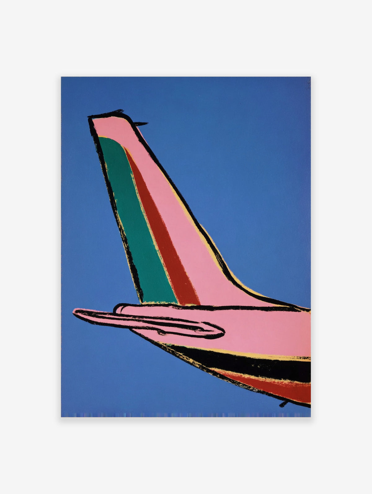 Pink airplane tail with teal and red stripes against blue sky, graphic wall art print