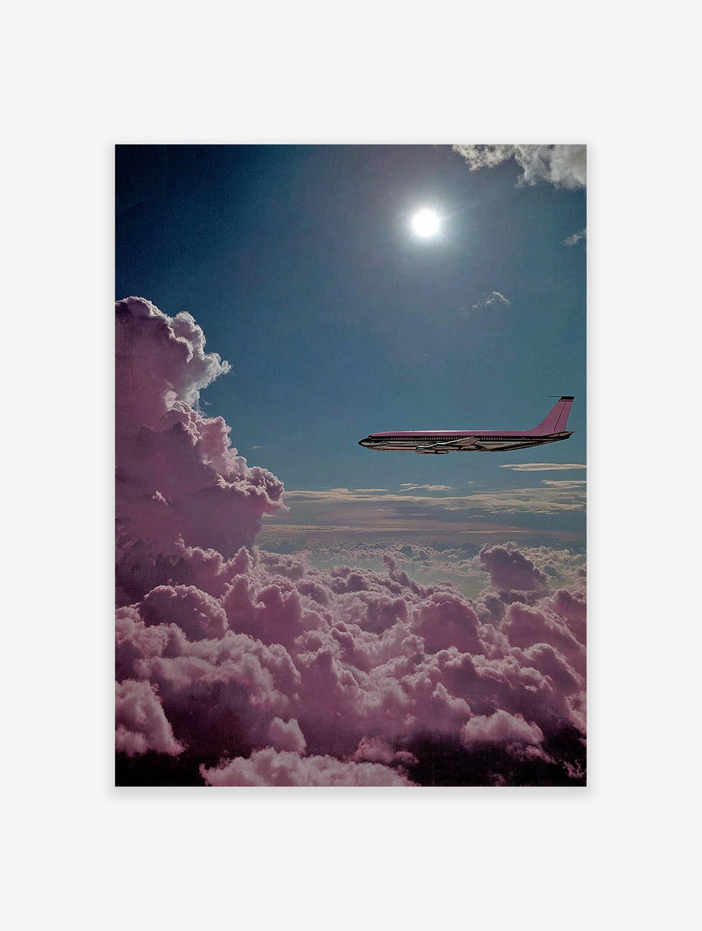 Pink airplane flying above fluffy magenta clouds under a bright blue sky with the sun shining, surreal wall art.