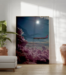 Pink airplane flying above fluffy magenta clouds under a bright blue sky with the sun shining, surreal wall art. - Image 3