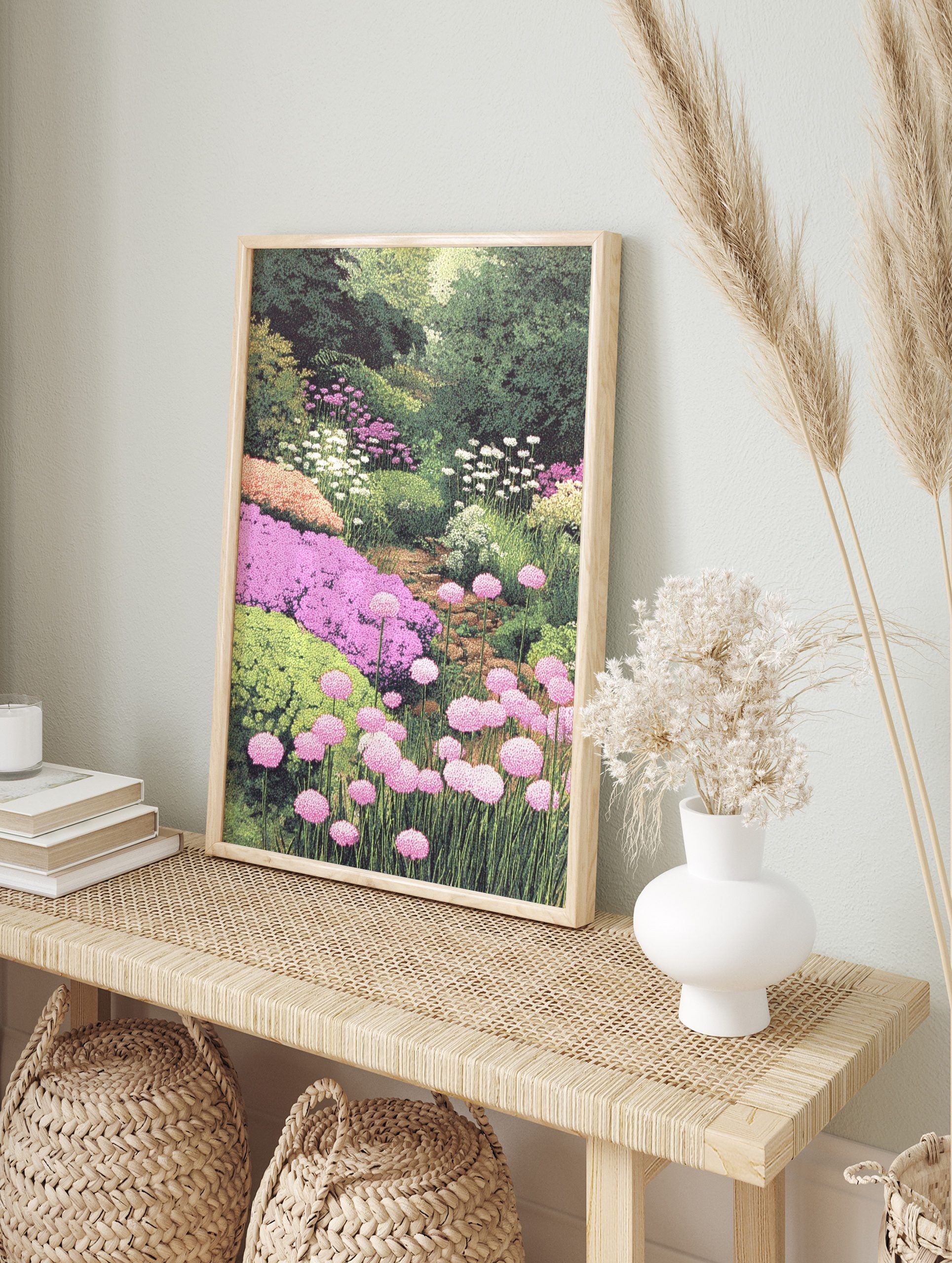 Lush garden art print with pink allium flowers, purple phlox, white blooms, and green foliage, in an alternate framed mockup