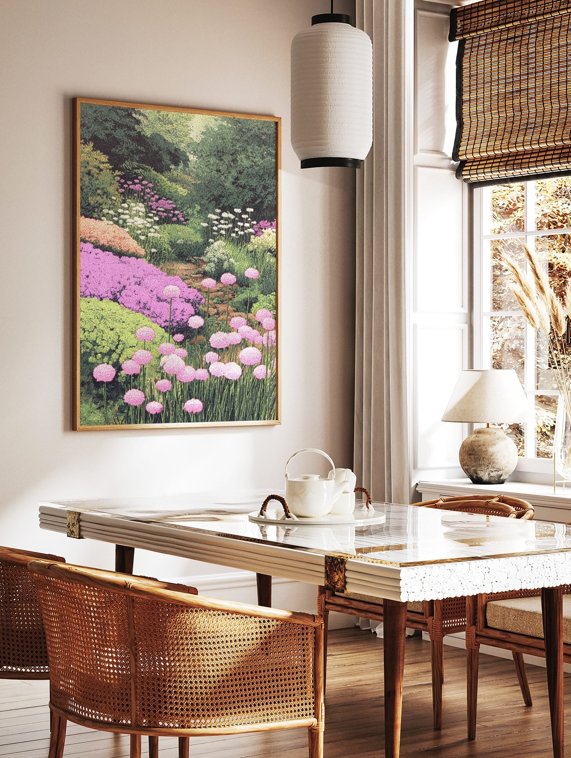 Lush garden art print with pink allium flowers, purple phlox, white blooms, and green foliage, in a styled room mockup
