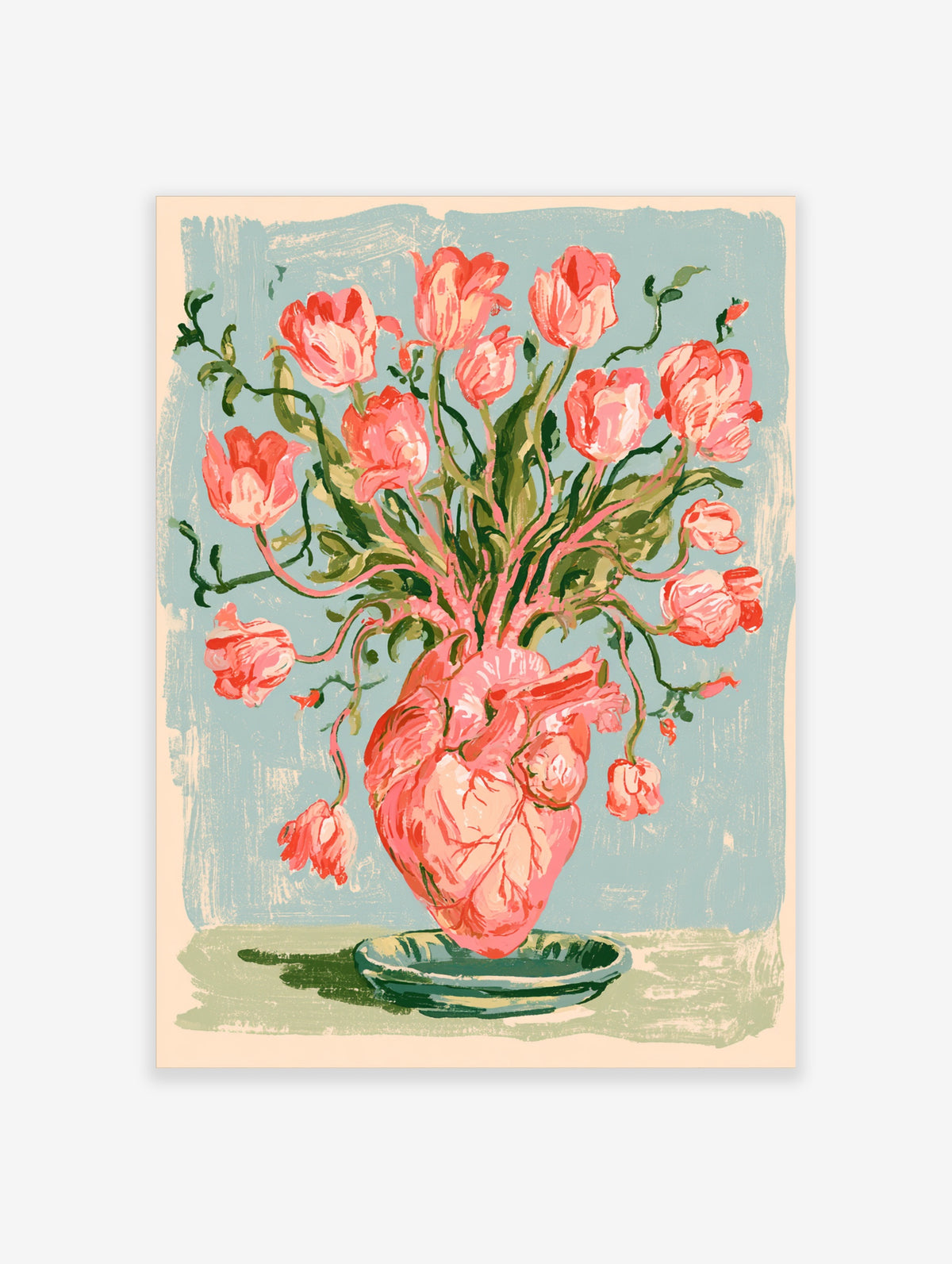 Pink anatomical heart vase poster with red and pink tulips on a teal background