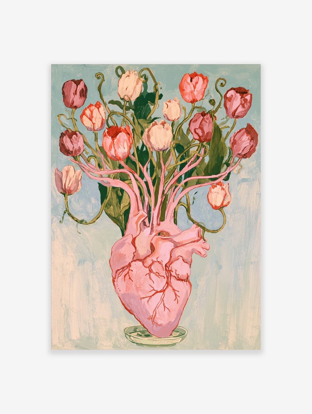Pink anatomical heart vase with red and cream tulips on pale blue background art print