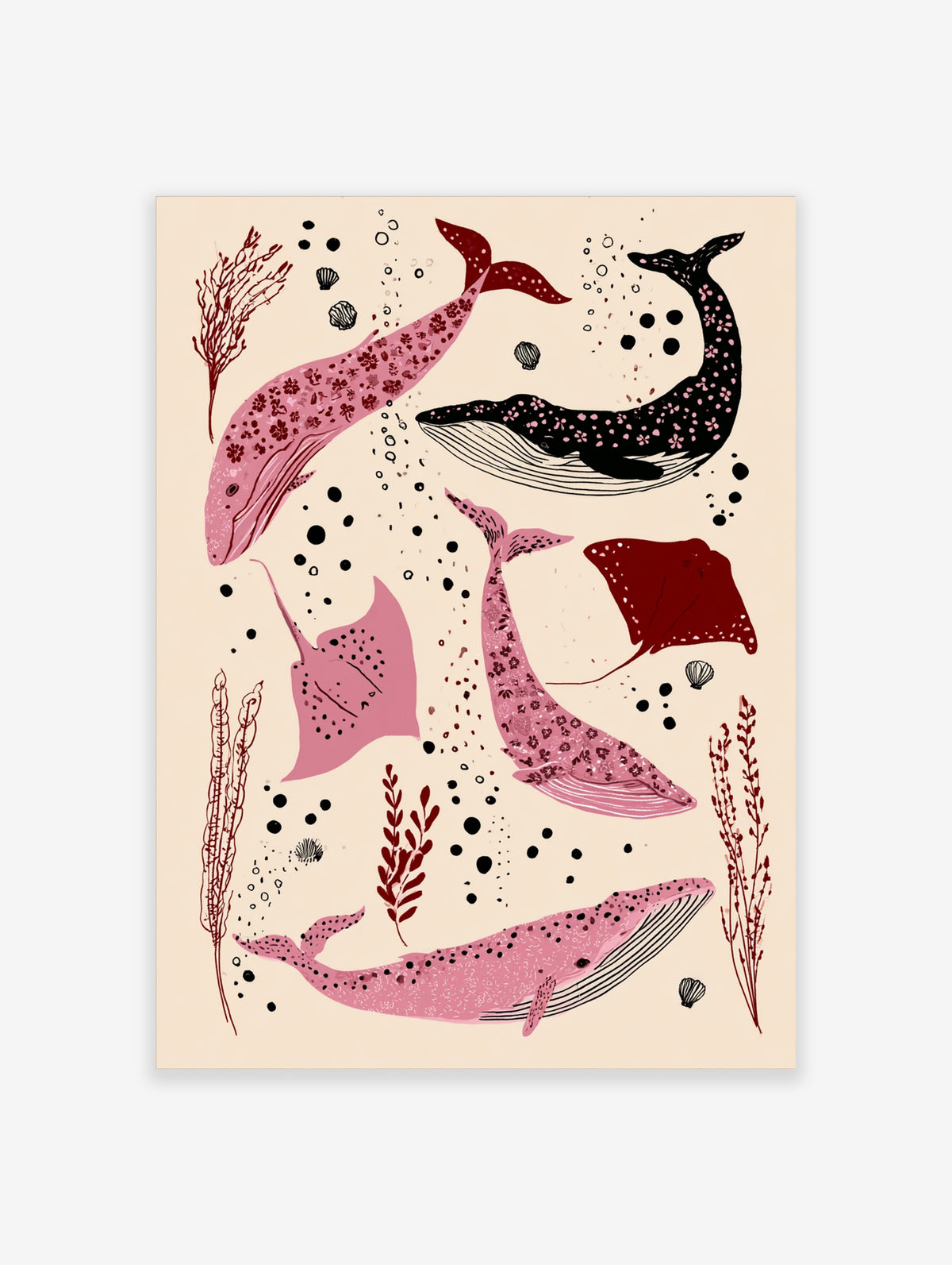 Pink and black whale and manta ray art print with seaweed and bubbles on beige background