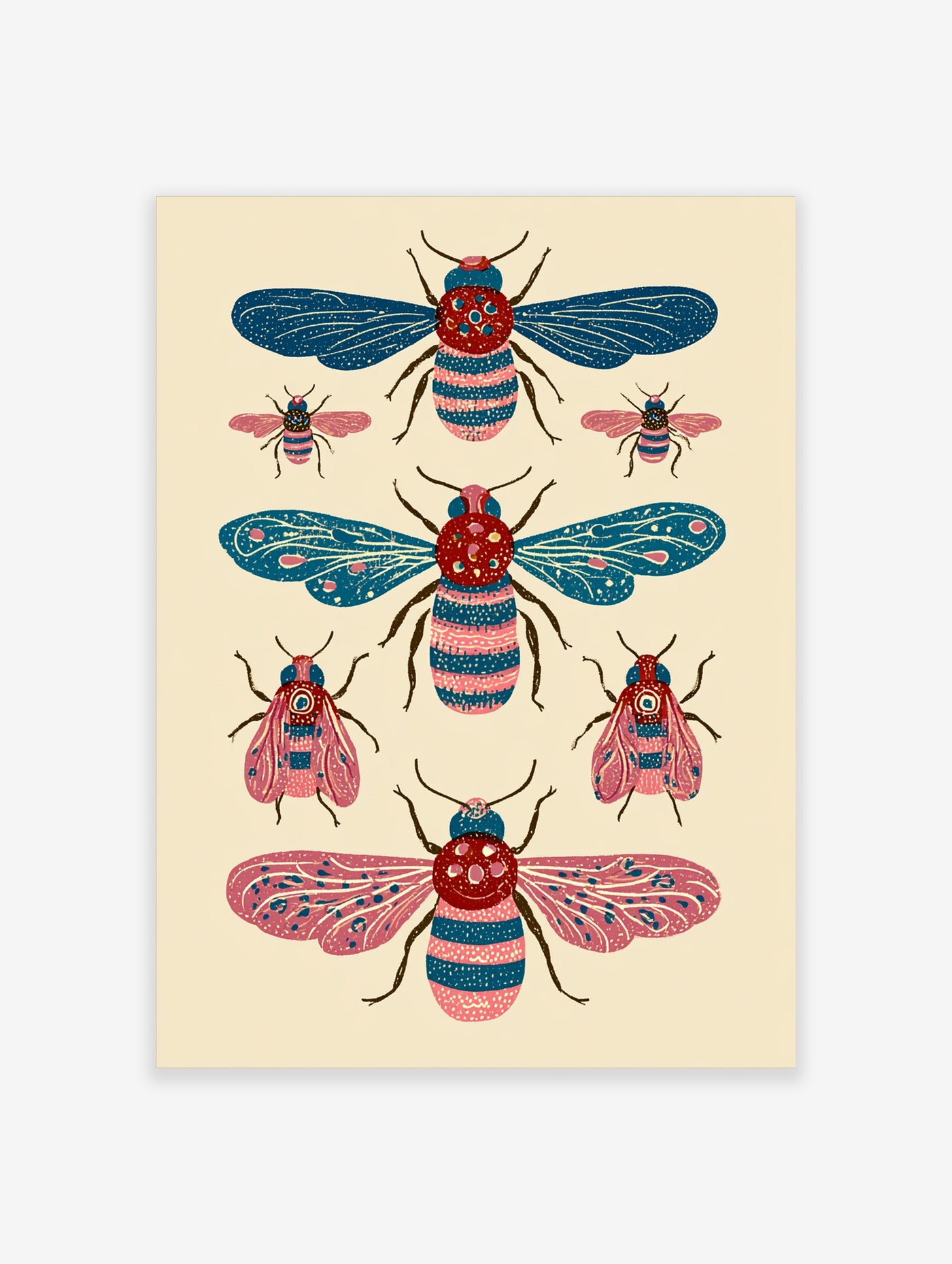 Pink and blue insect wall art with five stylized bugs, teal wings, and striped bodies on cream background