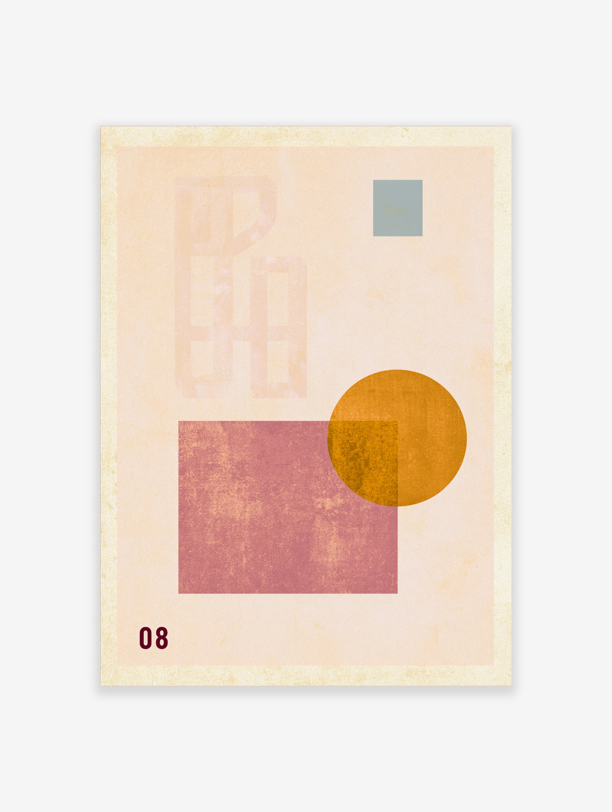 Abstract poster with pink square, mustard circle, grey block and number 08 on cream background