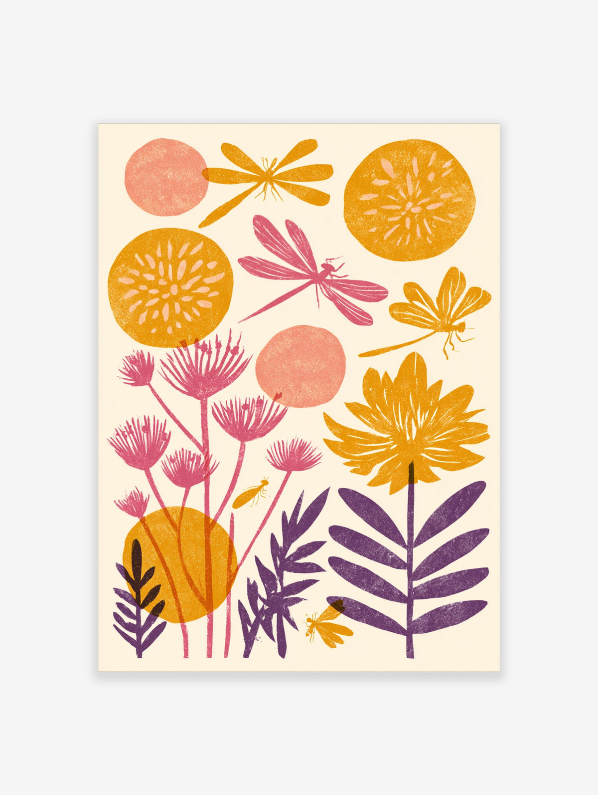 Pink and orange botanical art print with dragonflies, seed heads, and abstract sun motifs on cream background