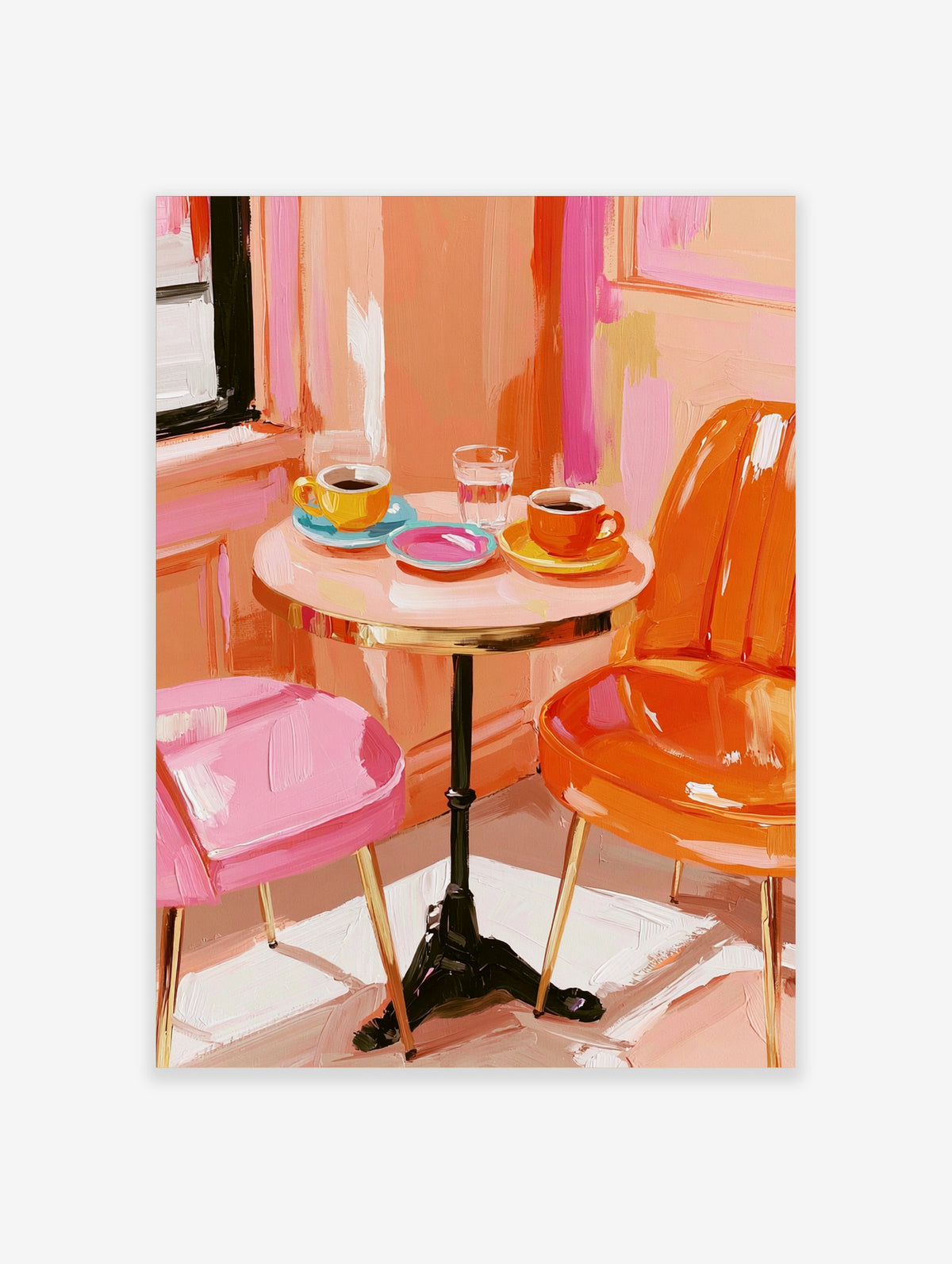 Colourful cafe table with two coffee cups, water glass, pink and orange chairs, painted brushstrokes