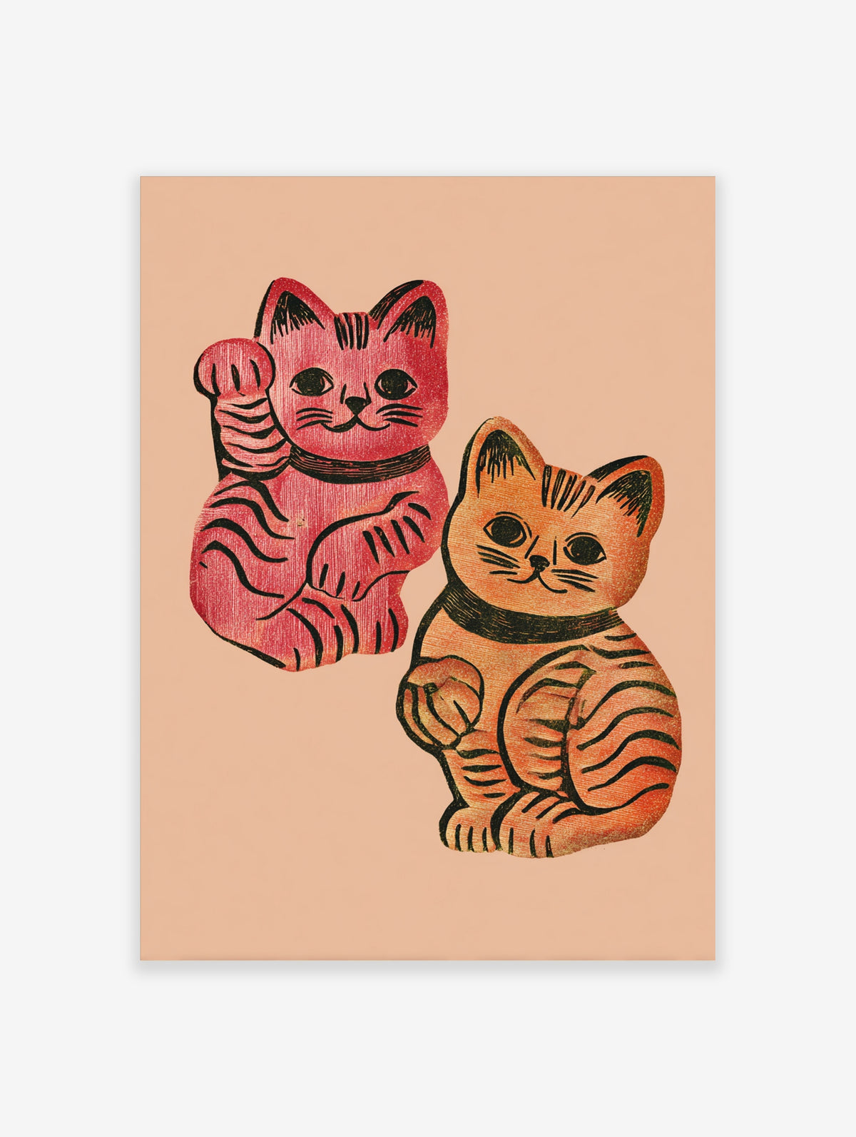 Pink and orange maneki-neko cat poster with two lucky cat figures on a plain background