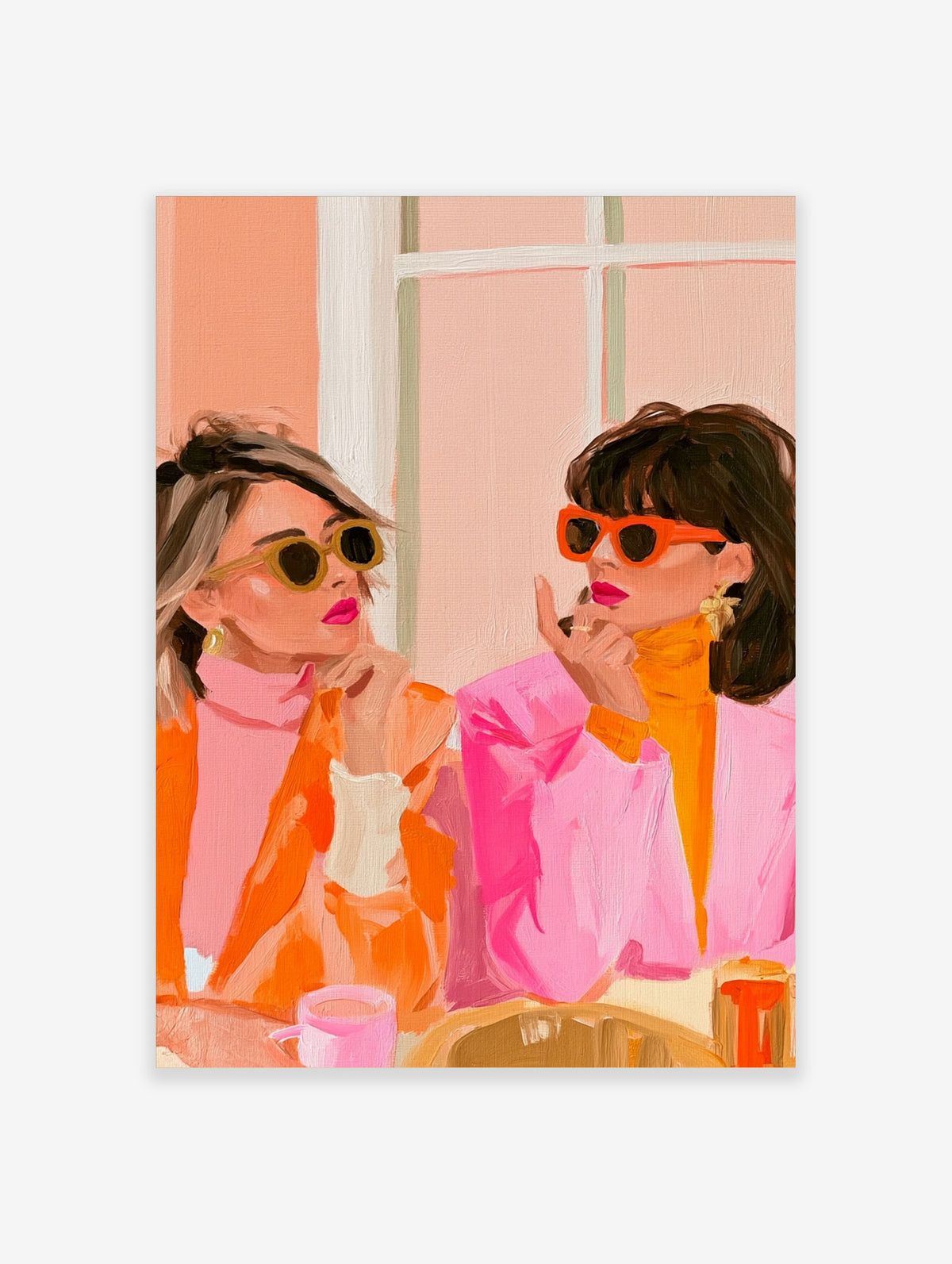 Fashion illustration poster of two women in retro sunglasses and pink orange outfits against a pale pink background