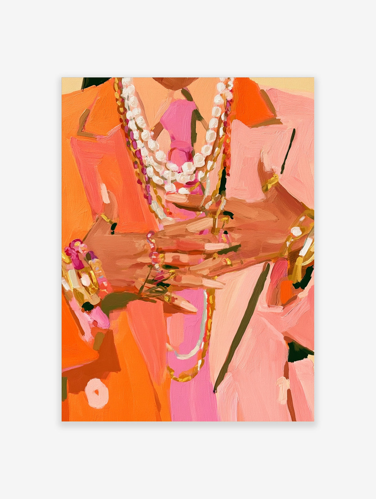 Pink and orange figurative art print of a cropped figure with layered pearl and gold necklaces