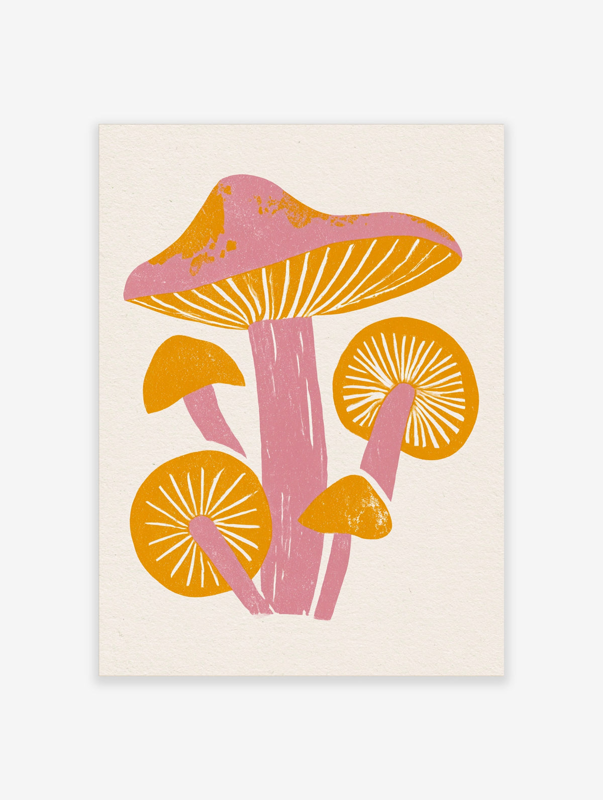 Pink and orange mushroom illustration with white gills on cream background