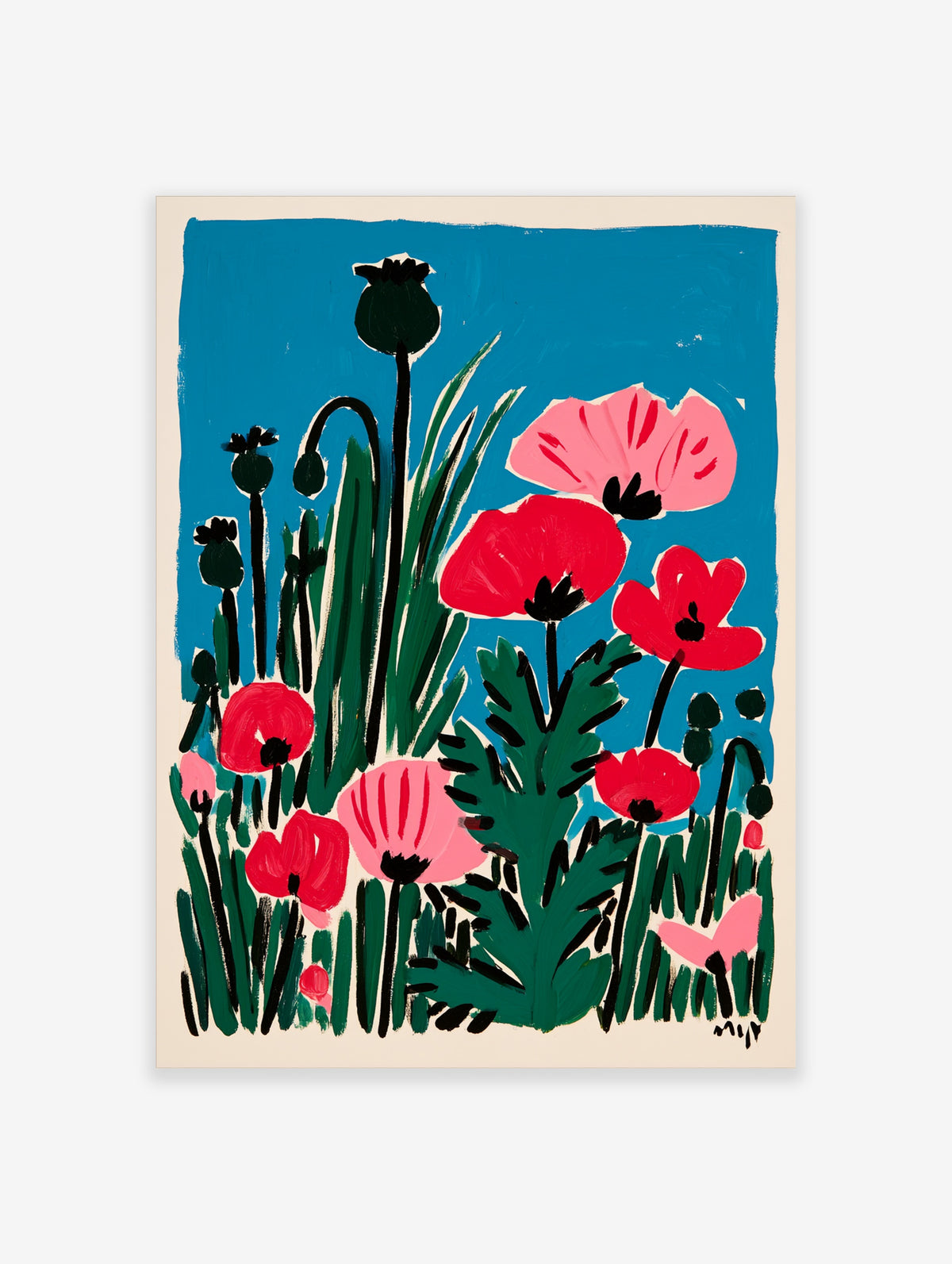 Pink and red poppy flower poster with green stems and seed pods on a blue background