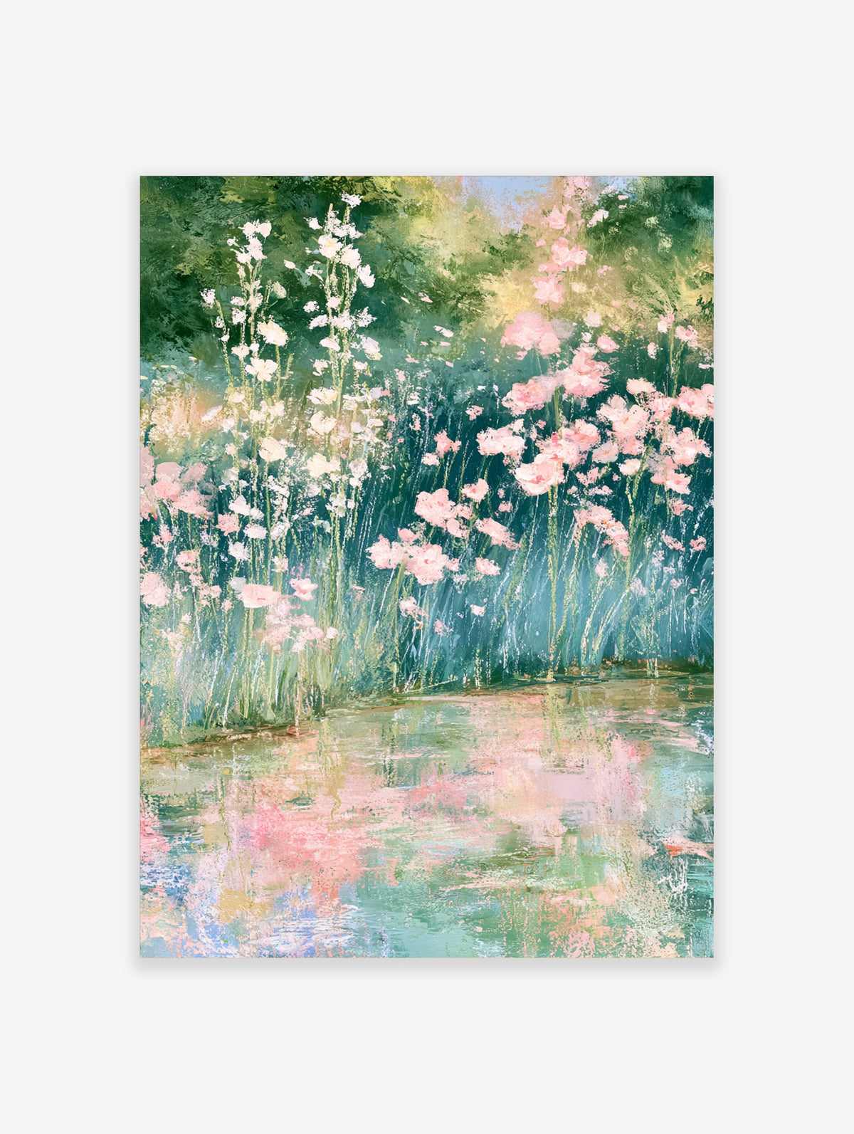 Pink and white flowers above reflective water in an impressionist floral art print