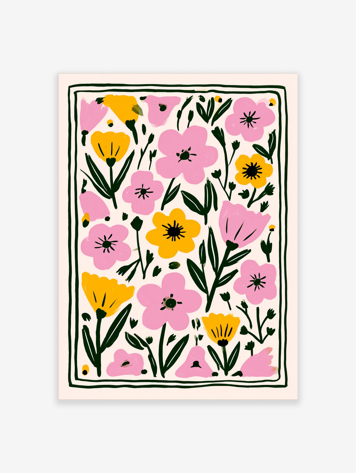 Pink and yellow floral art print with green leaves and a dark green border on a cream background