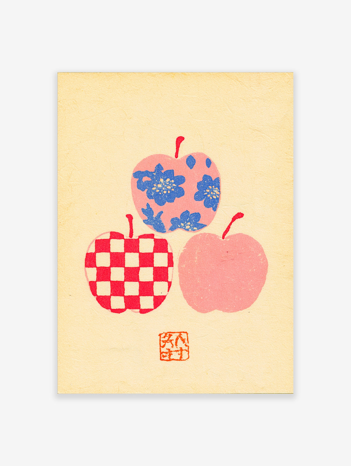 Pink apple art print with blue floral, red check, and solid pink apples on cream background