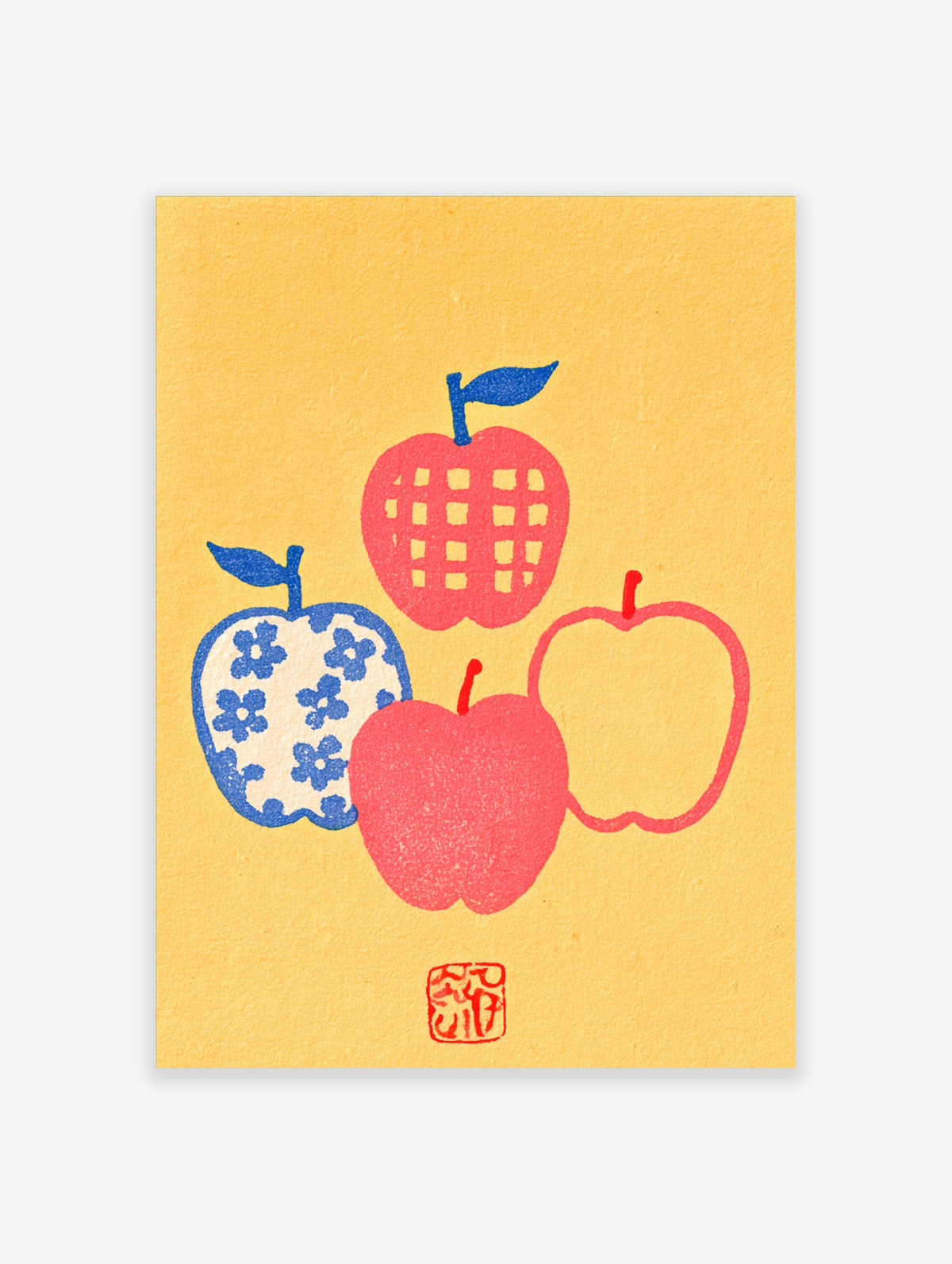 Pink apple wall art print with four stylised apples in pink, blue, and cream on a yellow background