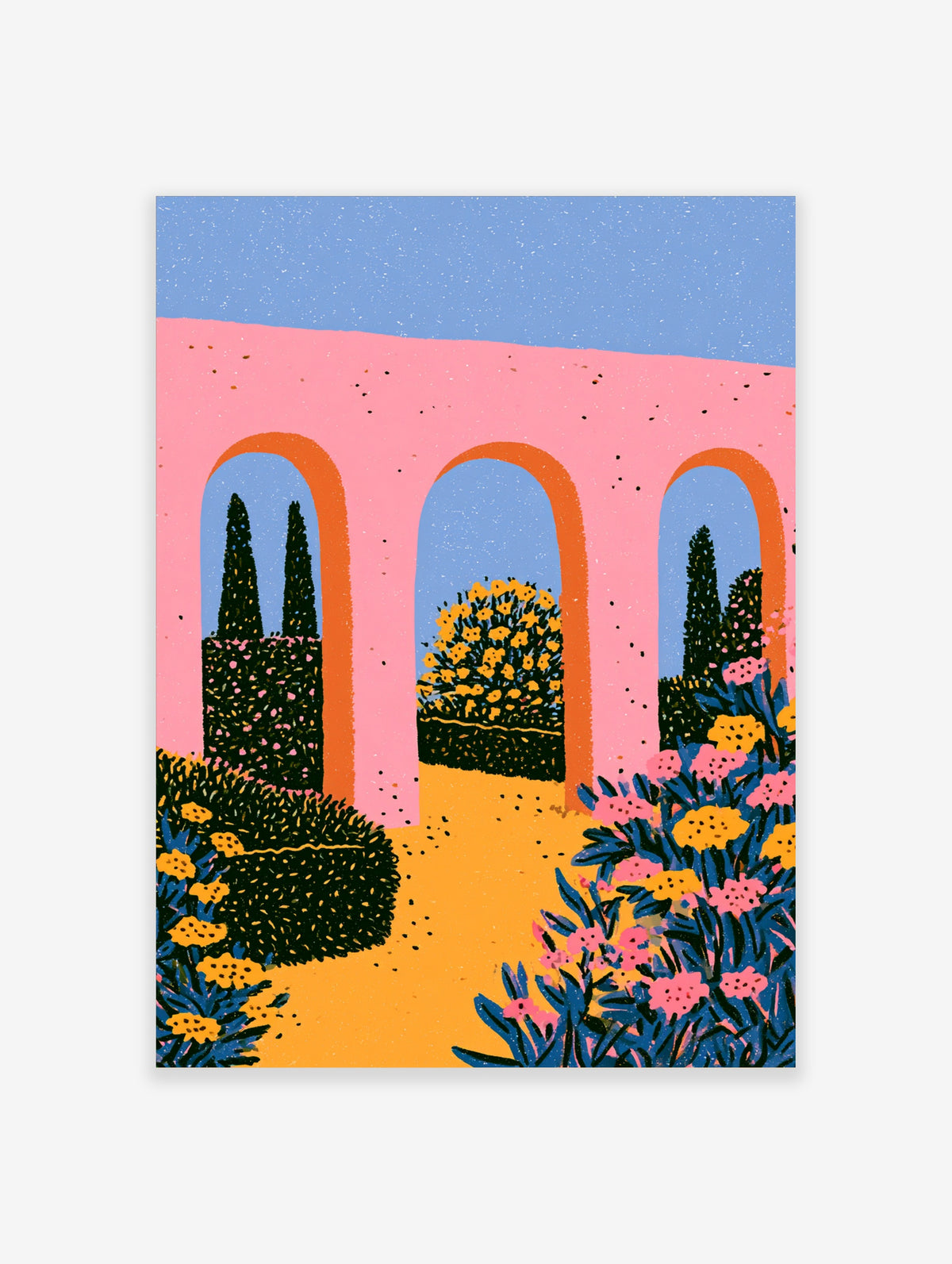 Pink arch garden poster with orange borders, cypress trees and yellow flowers against a blue sky
