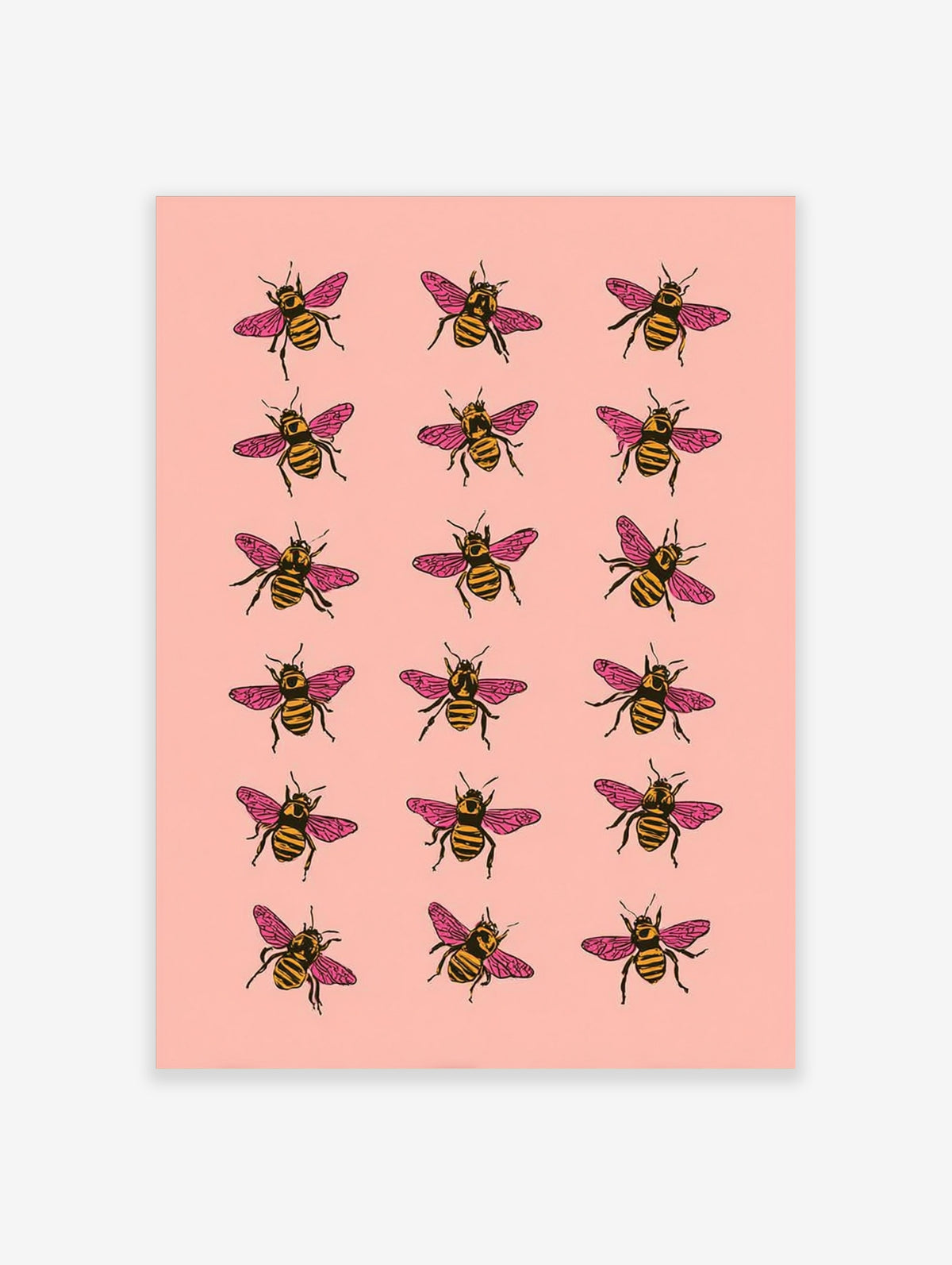 Pink bee wall art print with six rows of striped bees on a pink background